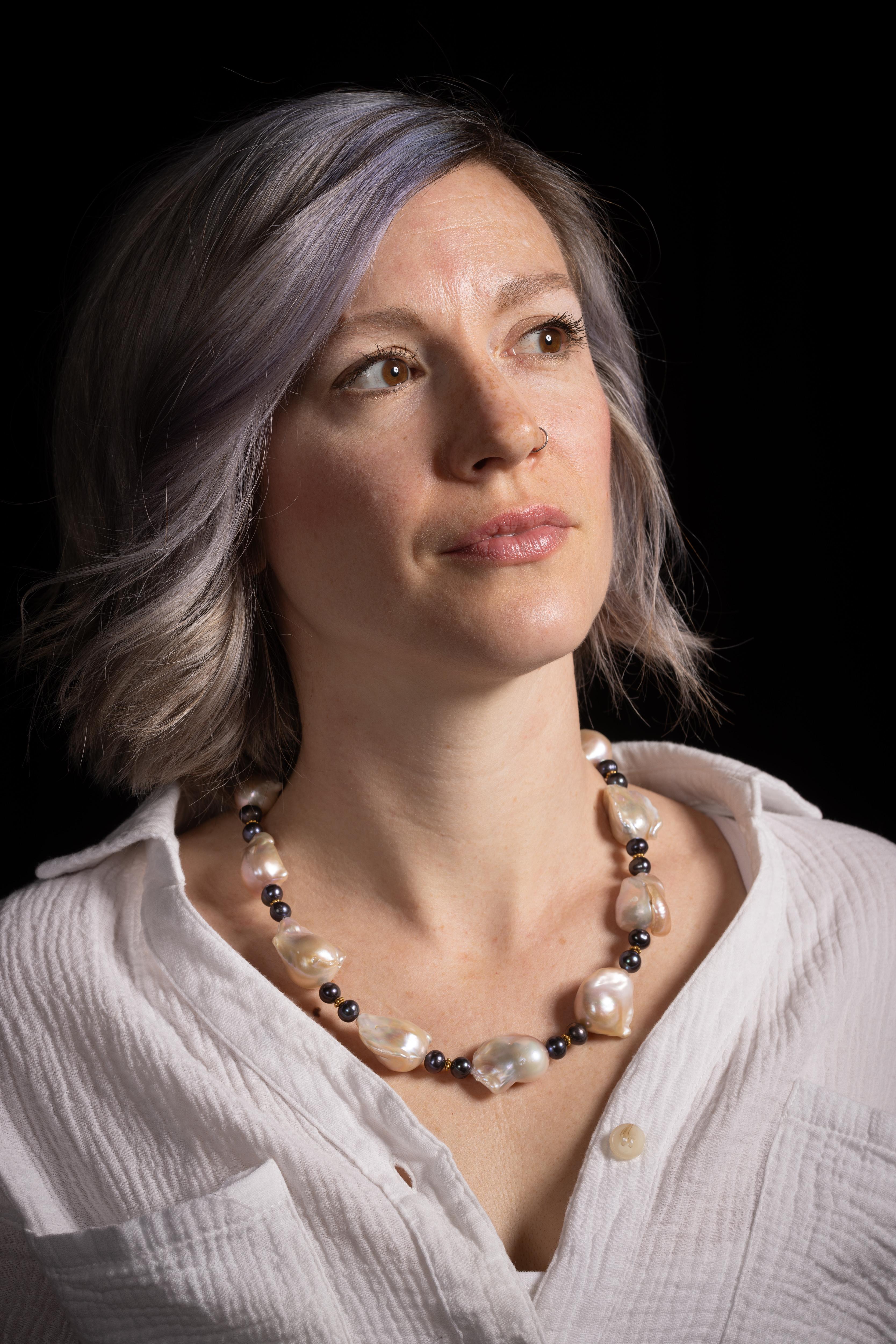Women's or Men's Baroque Pearl, 22K Gold and Black Tahitian Pearl Beaded Necklace For Sale