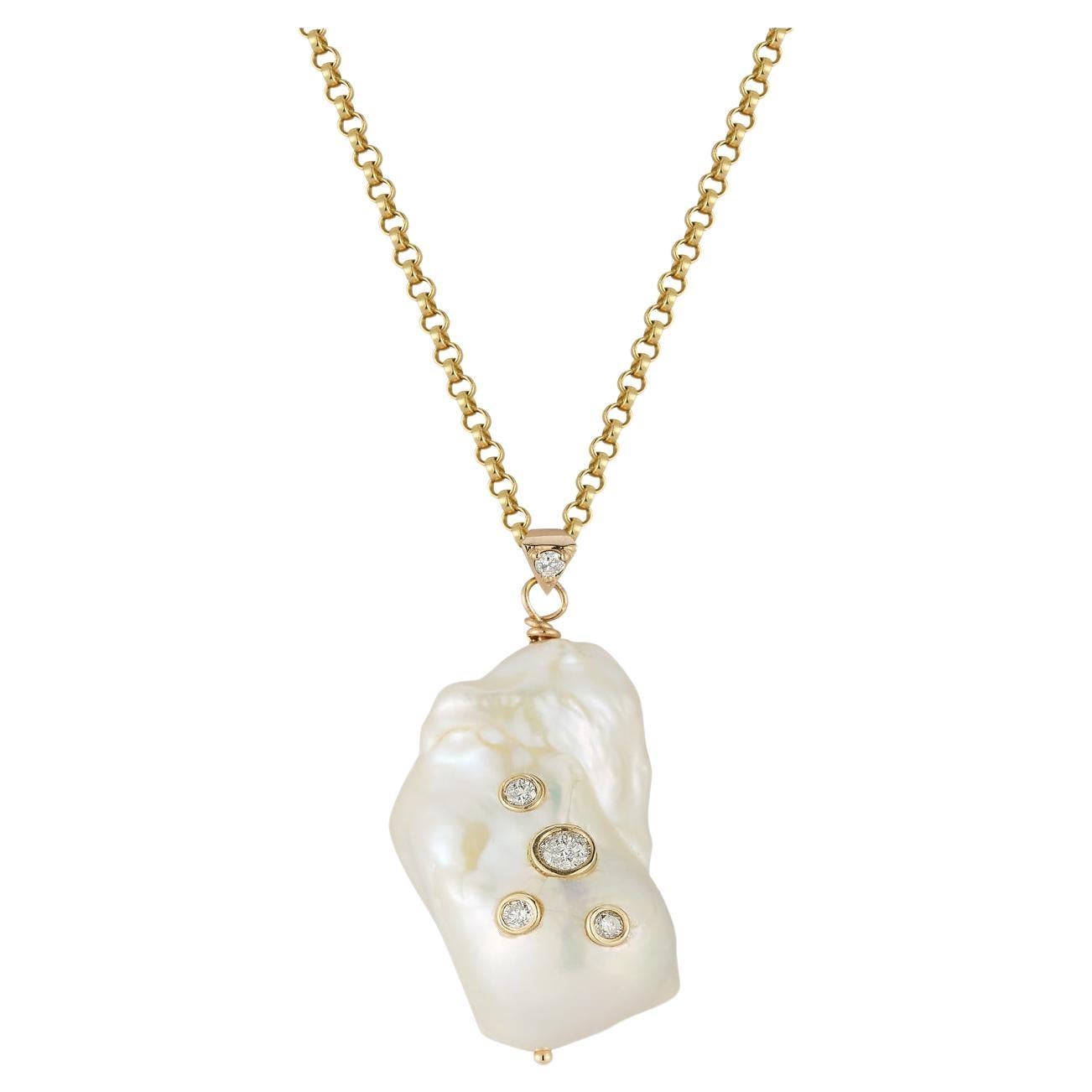 Baroque pearl 32" long pendant with chain 0.49 carat Diamond 14 karat gold For Sale