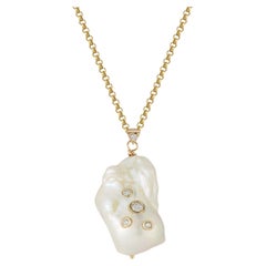 Baroque pearl 32" long pendant with chain 0.49 carat Diamond 14 karat gold