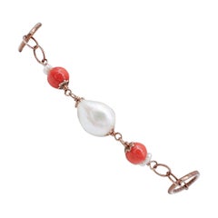 Baroque Pearl, 9 Karat Rose Gold and Silver Retrò Bracelet Baroque Pearl, 9 Karat Rose Gold and Silver Retrò Bracelet