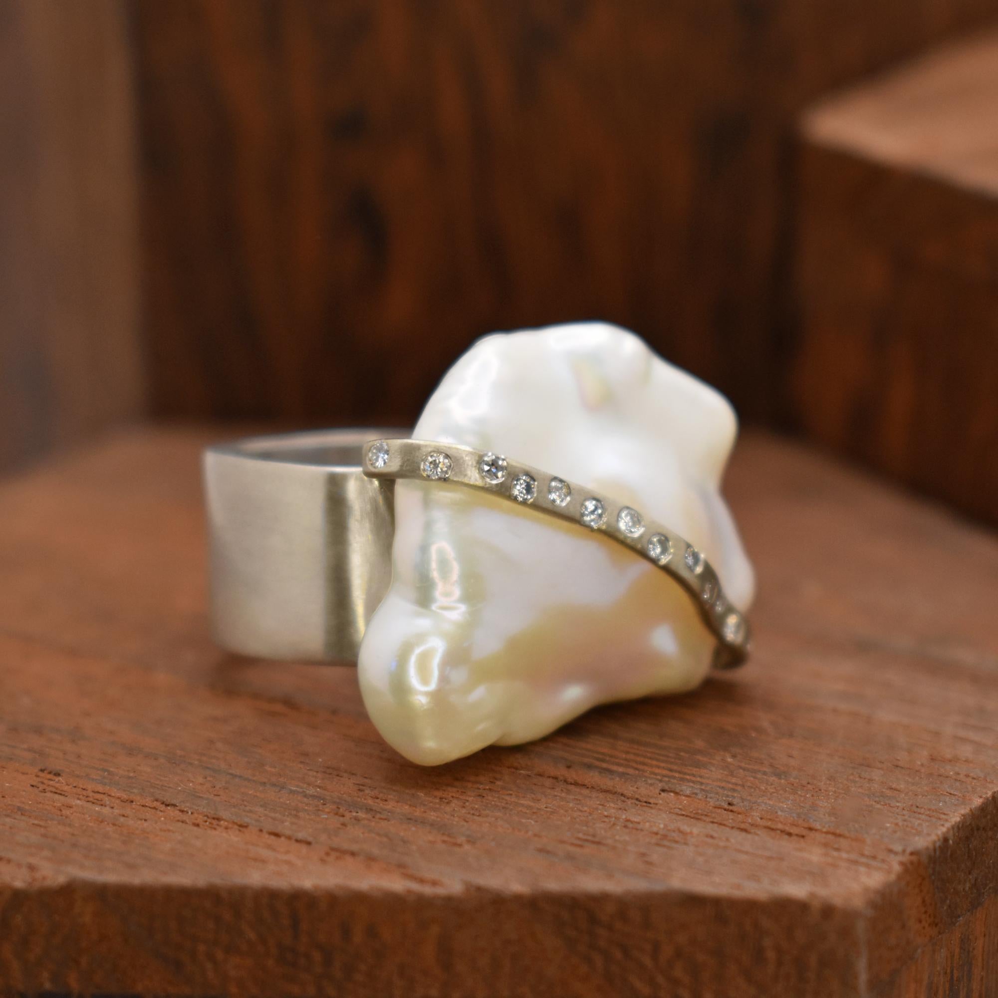Rough Cut Baroque Pearl, Accent Diamond and Sterling Silver Contemporary Cocktail Ring For Sale