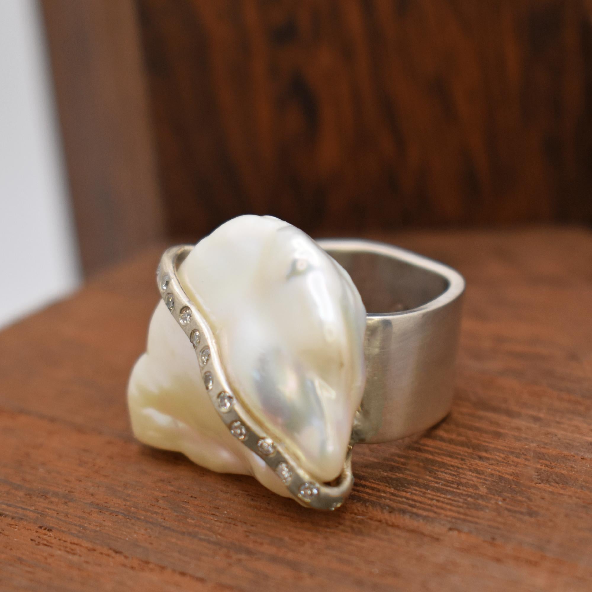 Baroque Pearl, Accent Diamond and Sterling Silver Contemporary Cocktail Ring In New Condition For Sale In Naples, FL