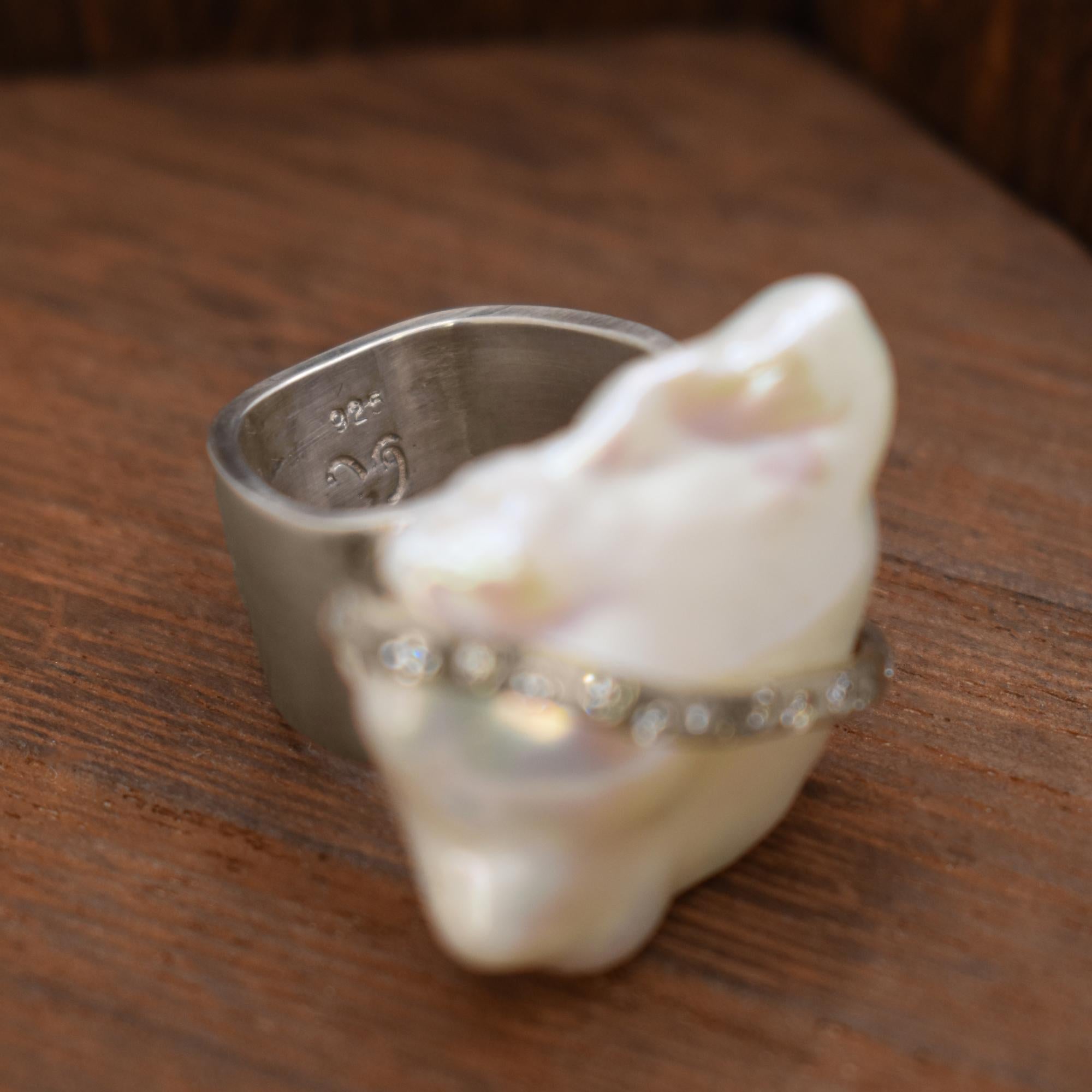 Women's Baroque Pearl, Accent Diamond and Sterling Silver Contemporary Cocktail Ring For Sale