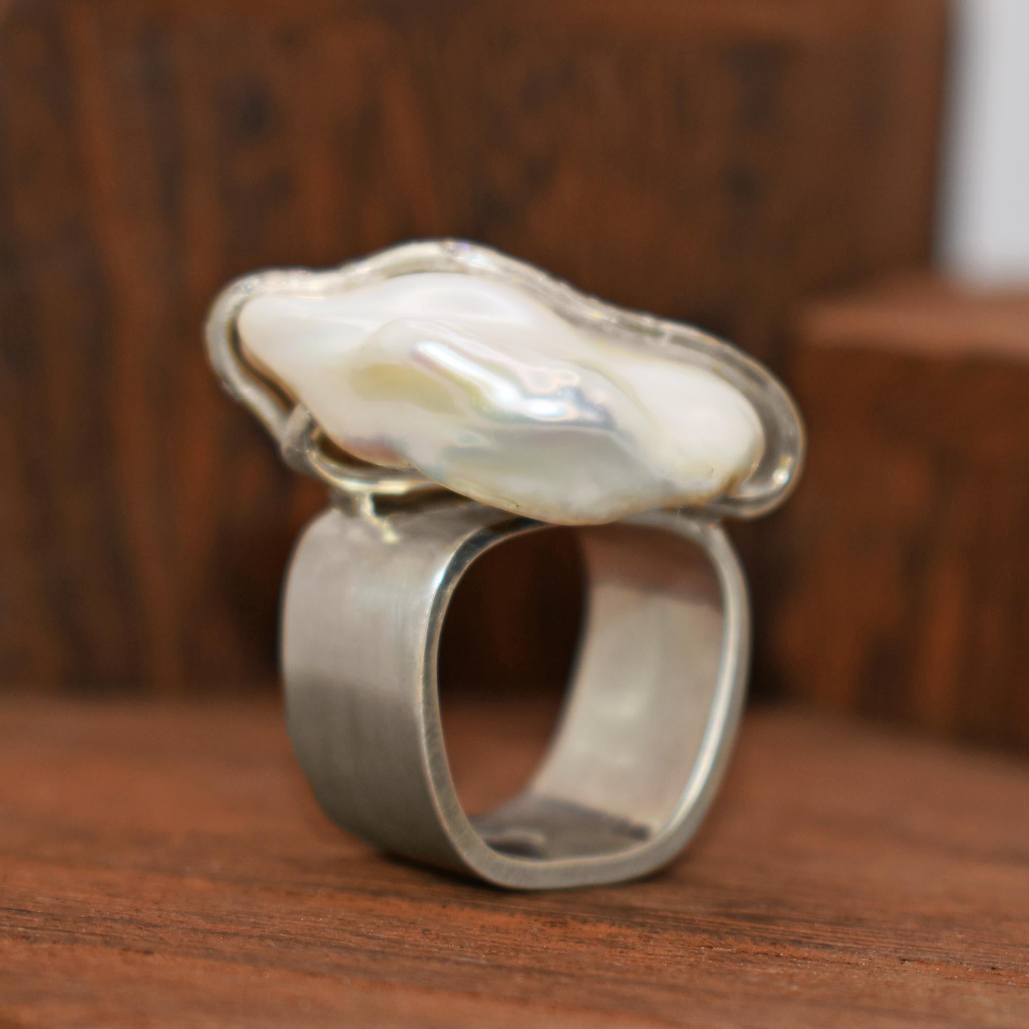 Baroque Pearl, Accent Diamond and Sterling Silver Contemporary Cocktail Ring For Sale 3