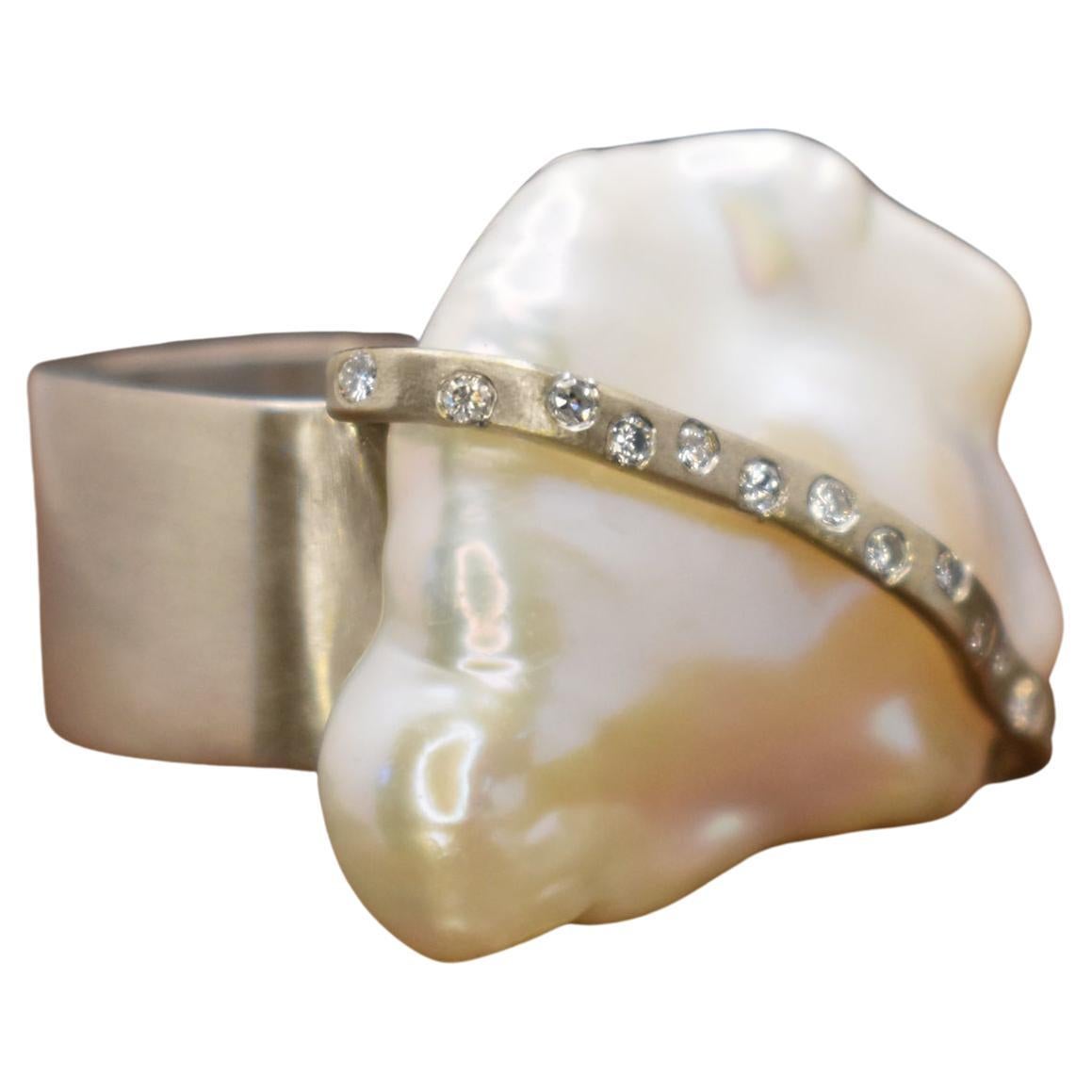 Baroque Pearl, Accent Diamond and Sterling Silver Contemporary Cocktail Ring For Sale