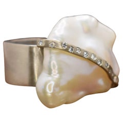 Baroque Pearl, Accent Diamond and Sterling Silver Contemporary Cocktail Ring