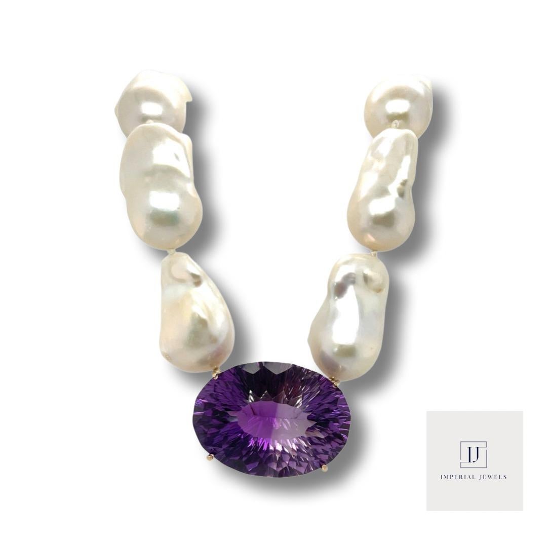 Contemporary Baroque Pearl and Amethyst Necklace and Pendant in 9ct Yellow Gold For Sale