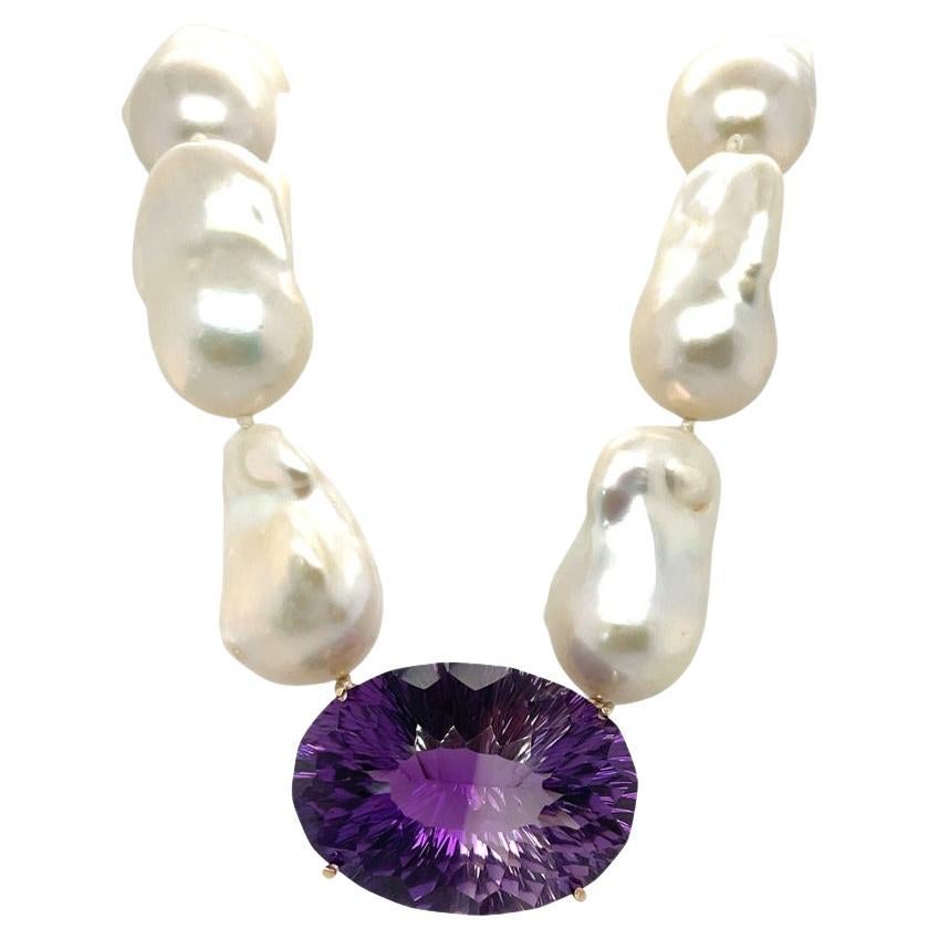 Baroque Pearl and Amethyst Necklace and Pendant in 9ct Yellow Gold