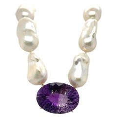 Baroque Pearl and Amethyst Necklace and Pendant in 9ct Yellow Gold