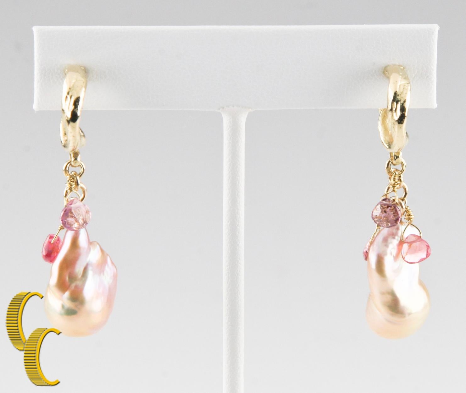 Modern Baroque Pearl and Briolette Gemstone Dangle Earrings in Yellow Gold For Sale
