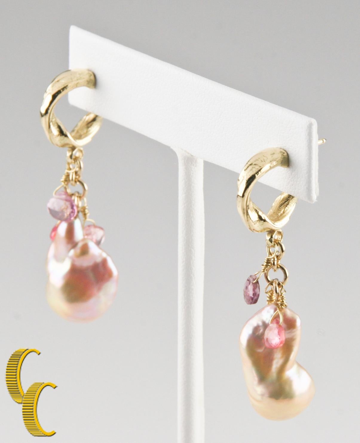 Uncut Baroque Pearl and Briolette Gemstone Dangle Earrings in Yellow Gold For Sale