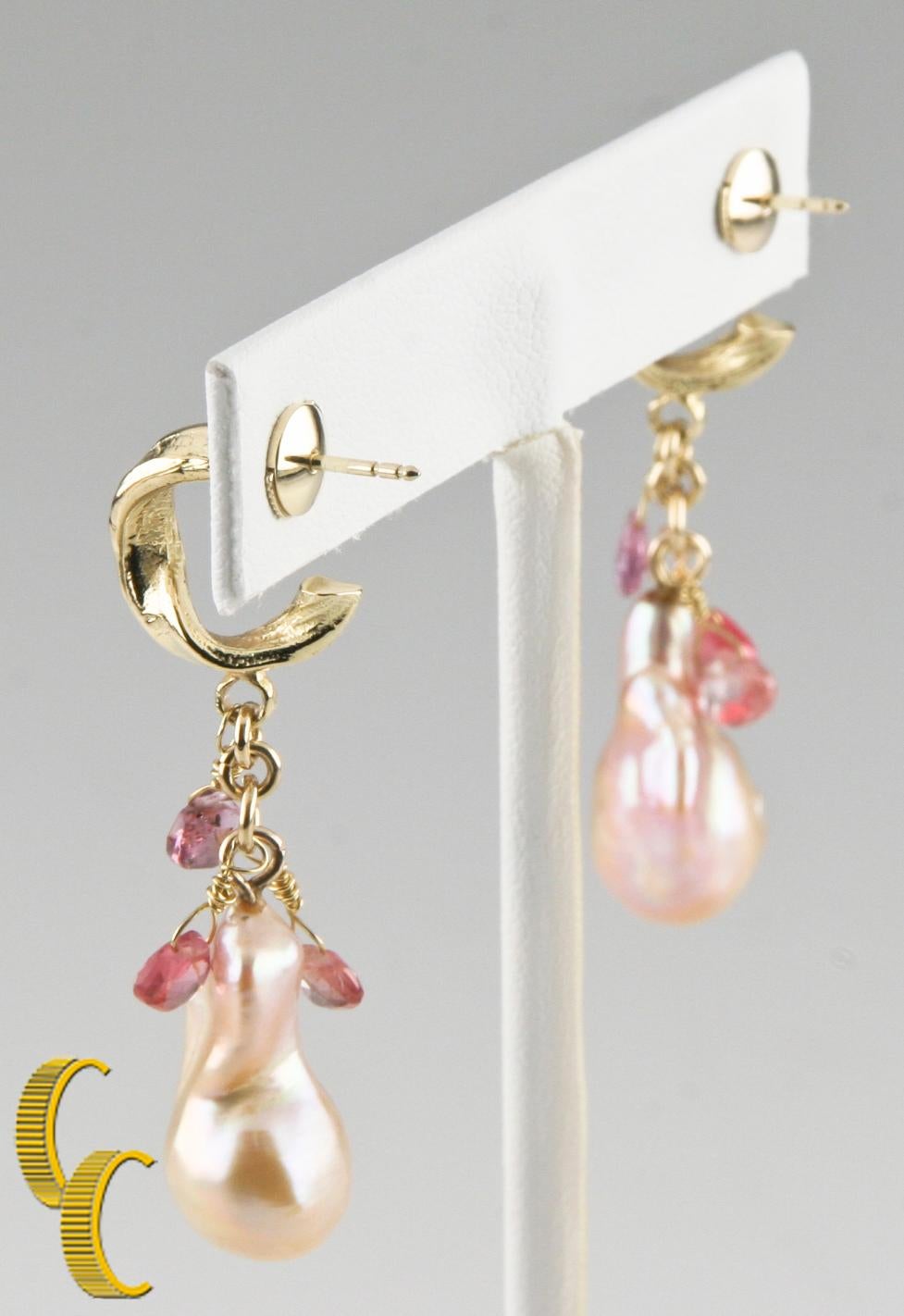 Baroque Pearl and Briolette Gemstone Dangle Earrings in Yellow Gold In Good Condition For Sale In Sherman Oaks, CA