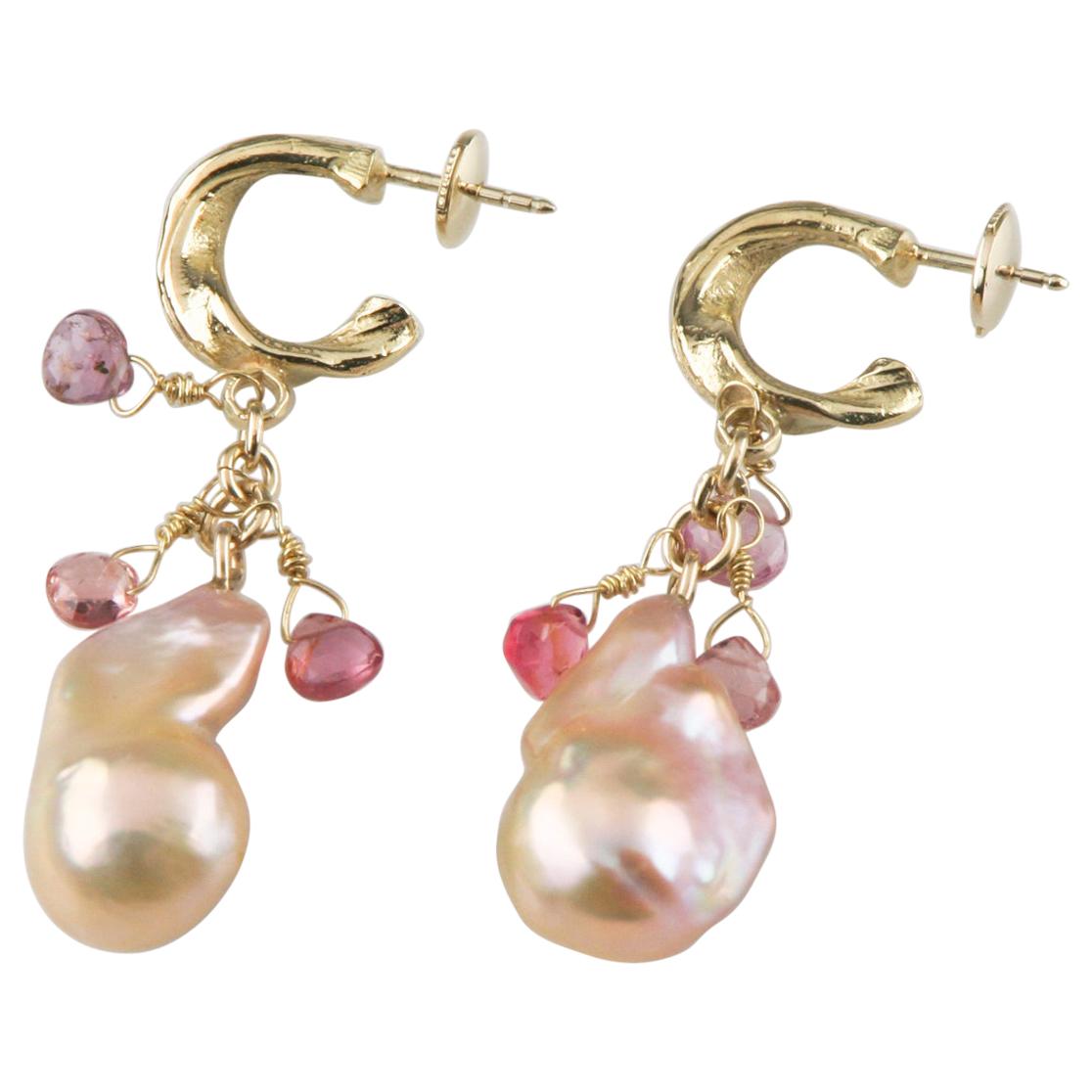 Baroque Pearl and Briolette Gemstone Dangle Earrings in Yellow Gold