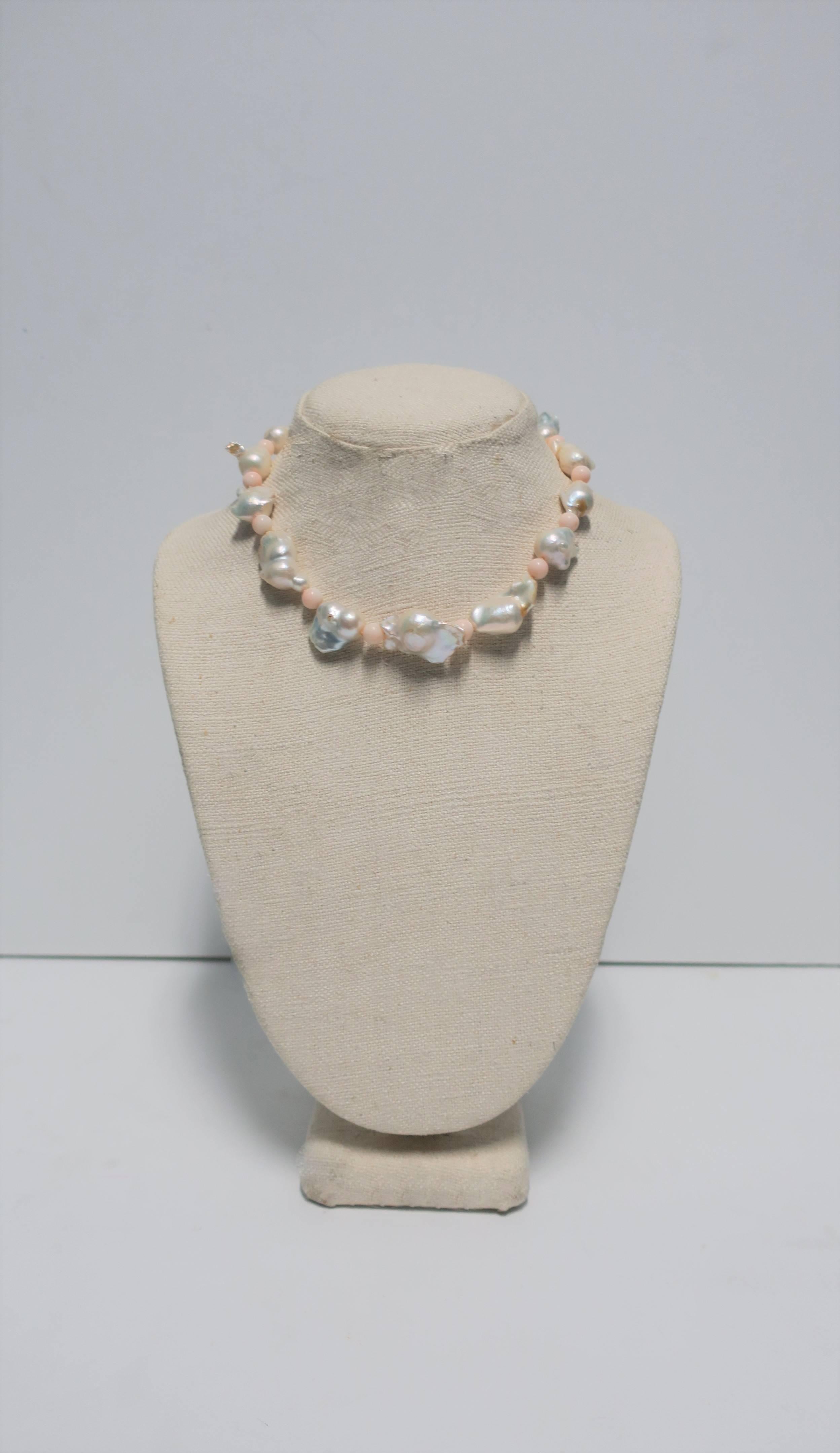 20th Century Baroque Pearl Pink Coral Bead and 18-Karat White Gold Necklace
