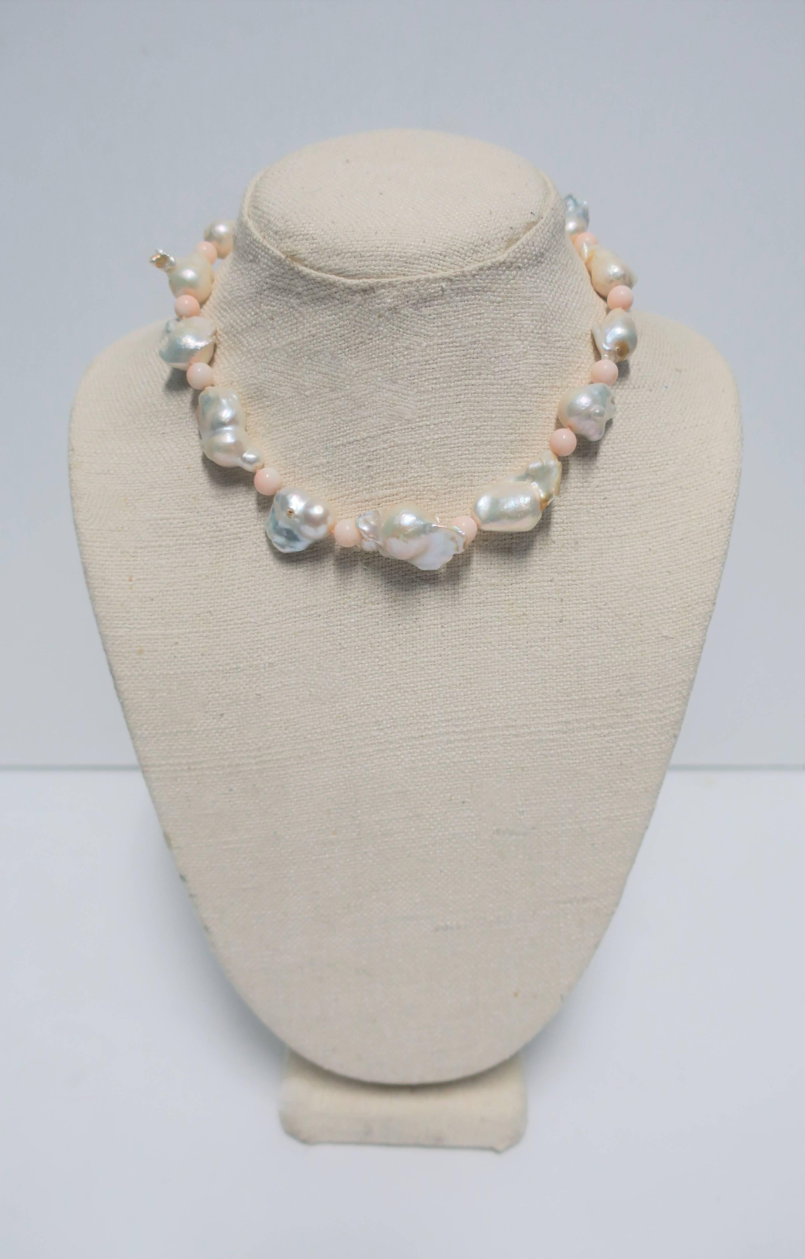 Baroque Pearl Pink Coral Bead and 18-Karat White Gold Necklace 1