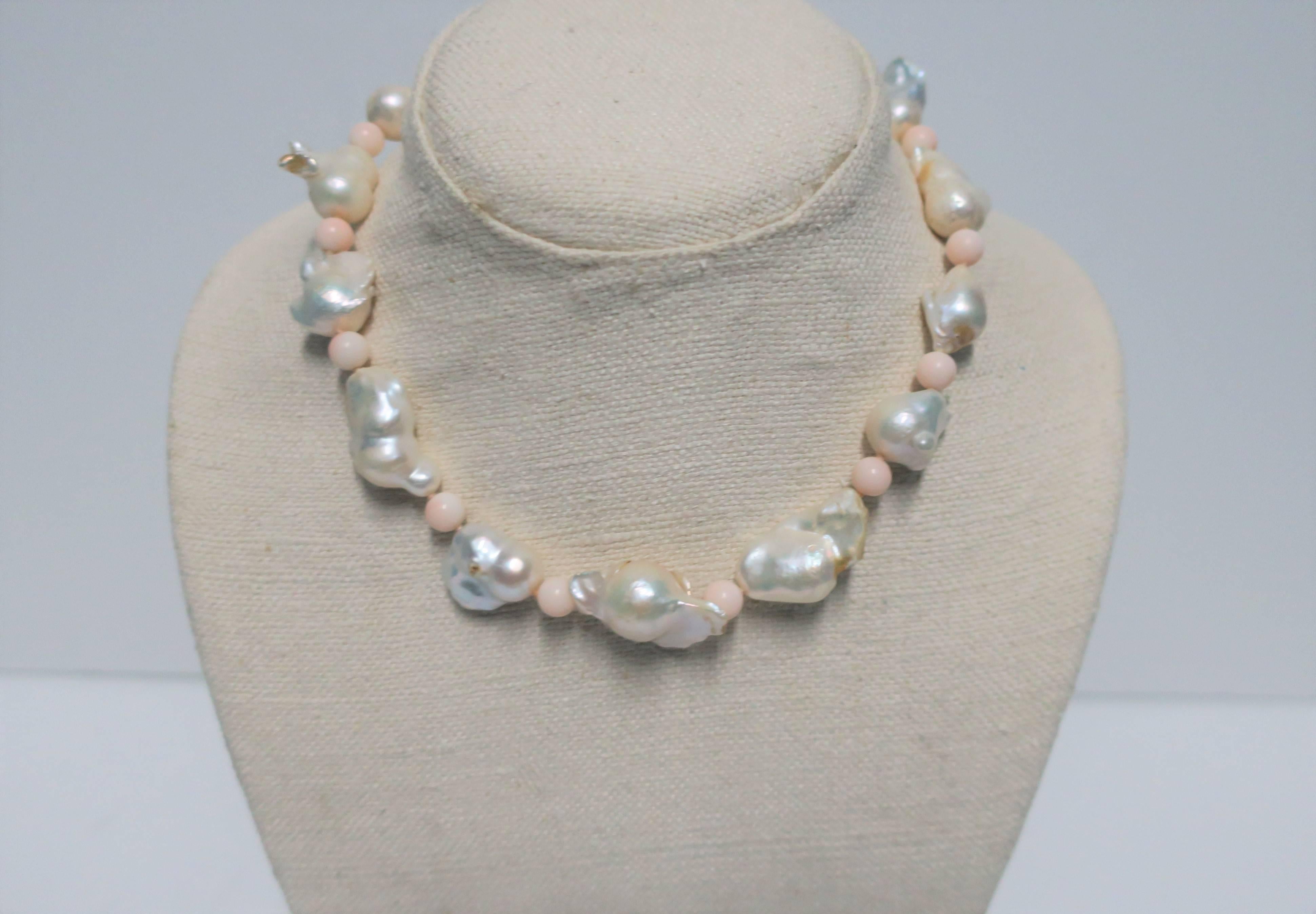 Baroque Pearl Pink Coral Bead and 18-Karat White Gold Necklace 2