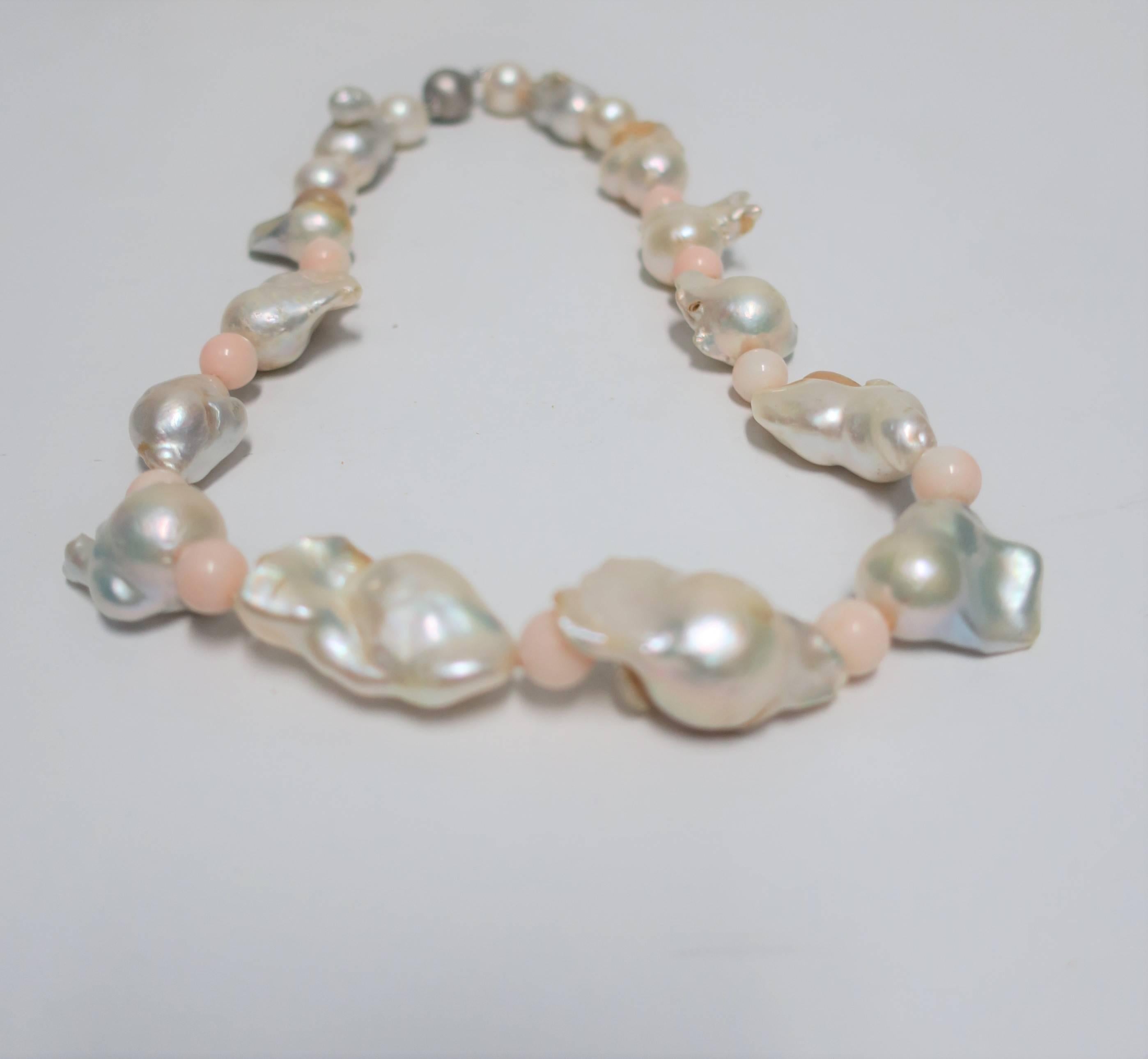 Baroque Pearl Pink Coral Bead and 18-Karat White Gold Necklace 3