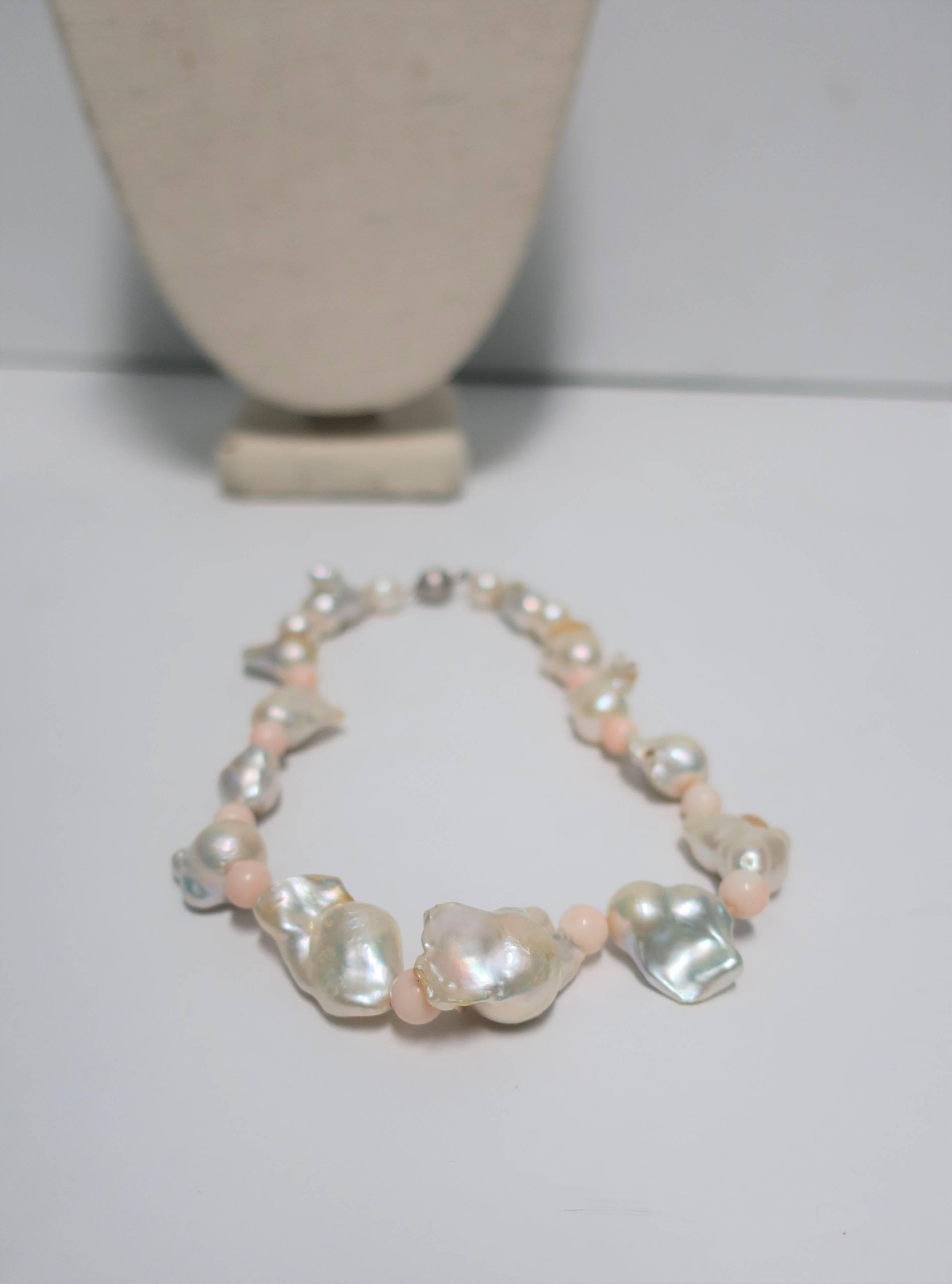 Baroque Pearl Pink Coral Bead and 18-Karat White Gold Necklace 4