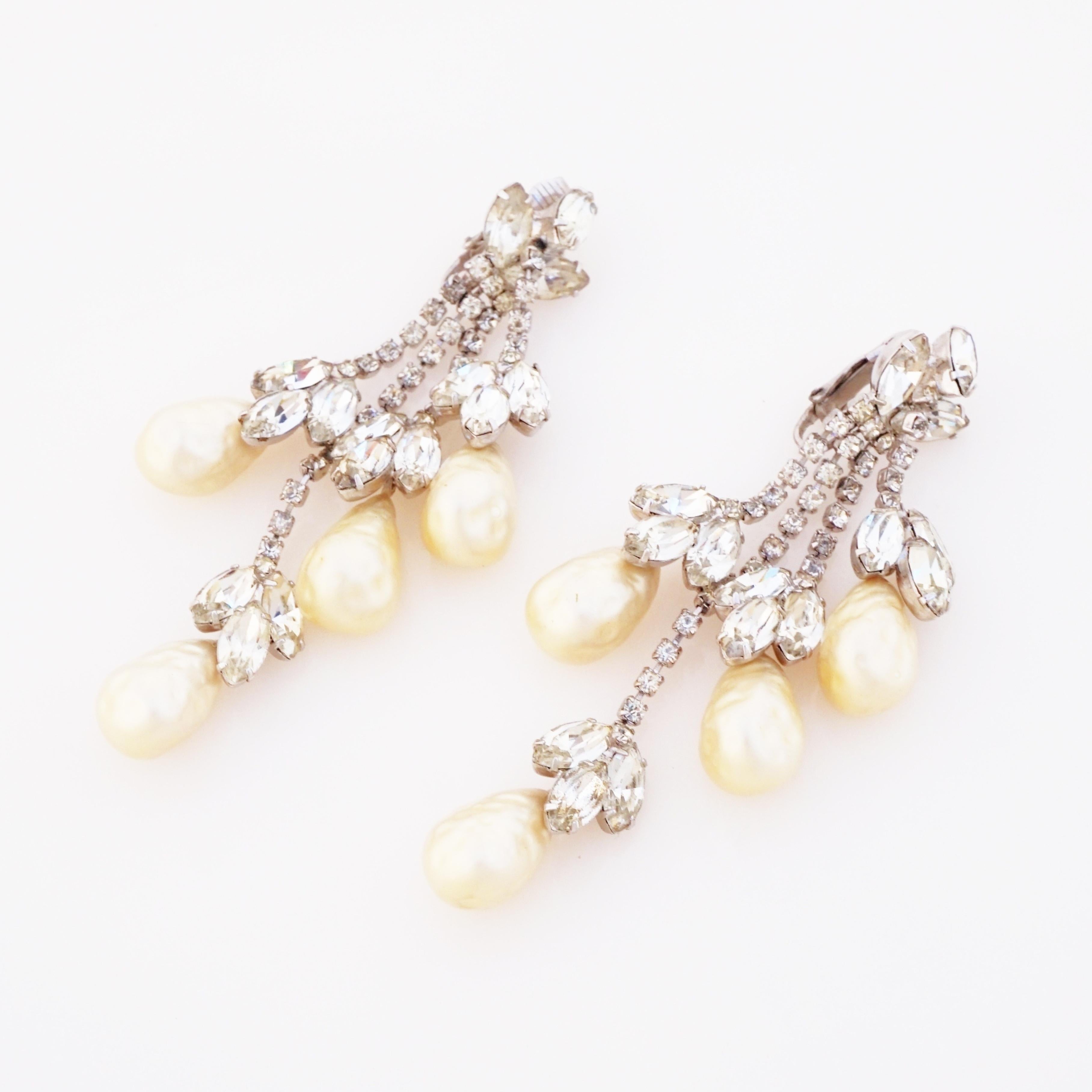 Modern Baroque Pearl and Crystal Rhinestone Chandelier Earrings, 1950s