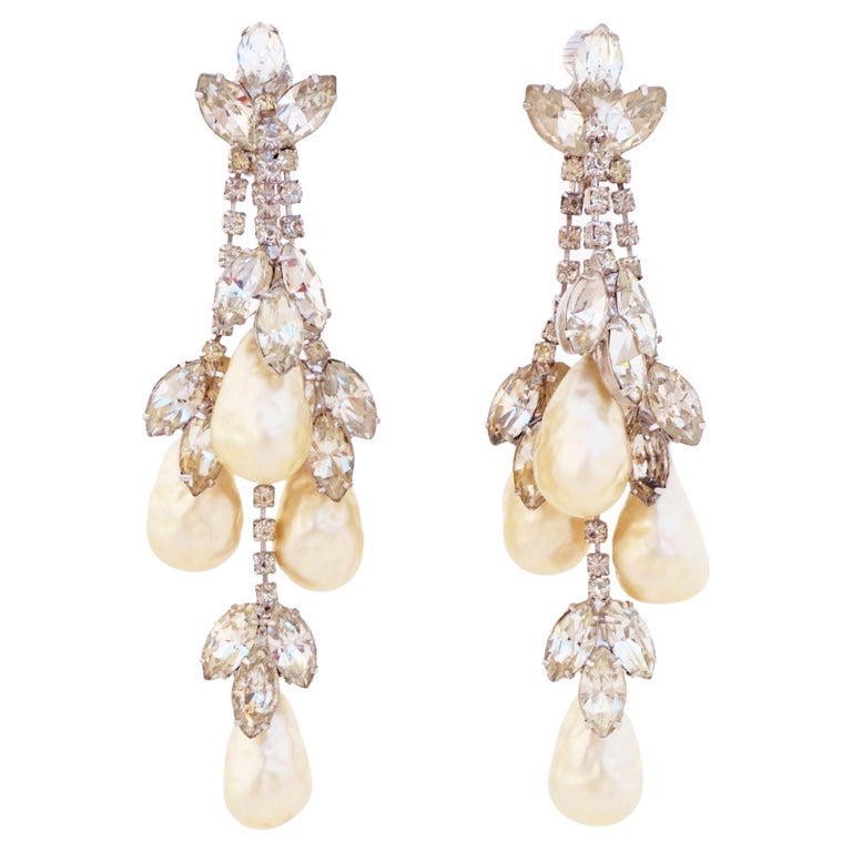 Delicate Pearl & Rhinestone Chandelier Earrings for Women by Shreekama