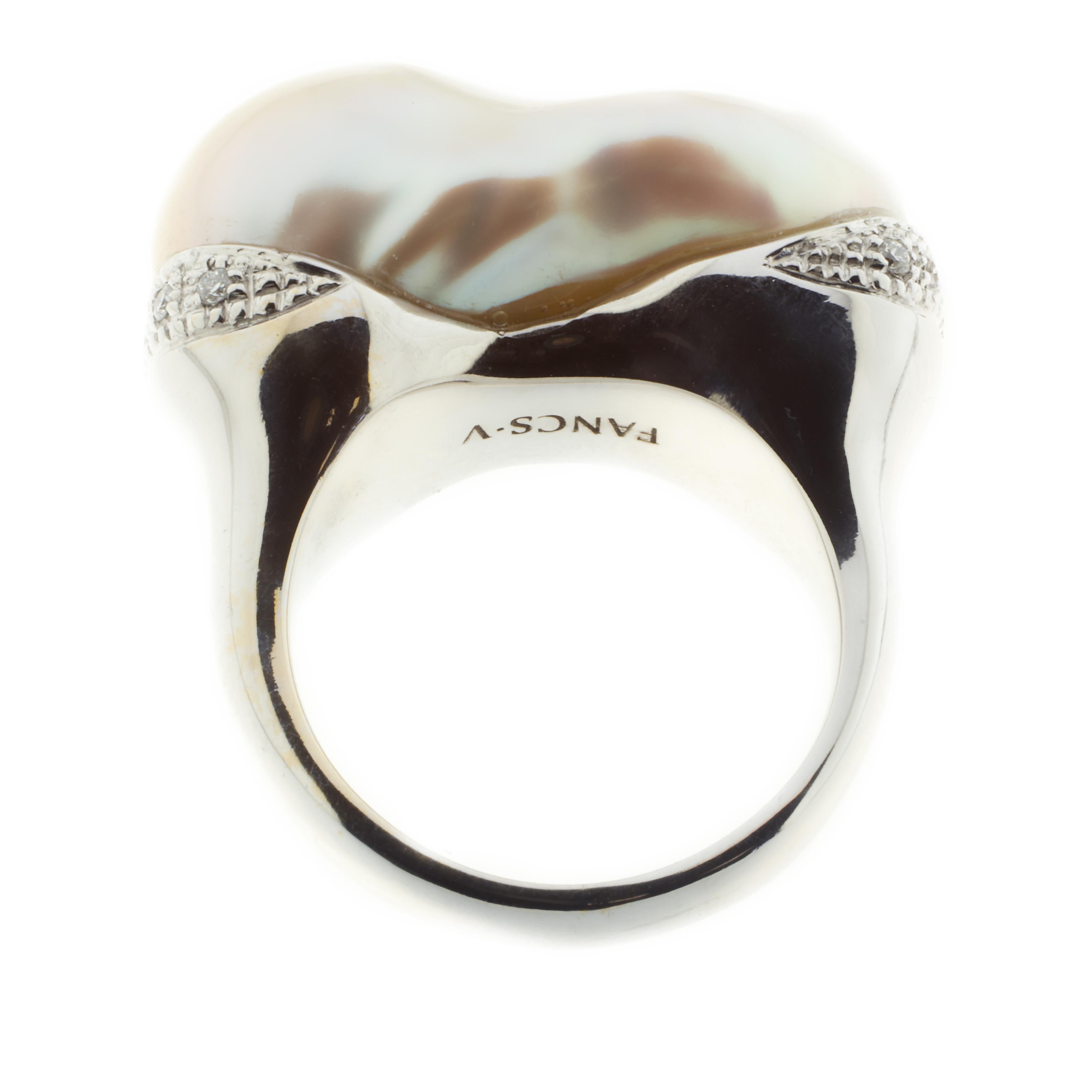Round Cut 21st Century 18 Karat White Gold Baroque Pearl and G VS Diamond Cocktail Ring For Sale