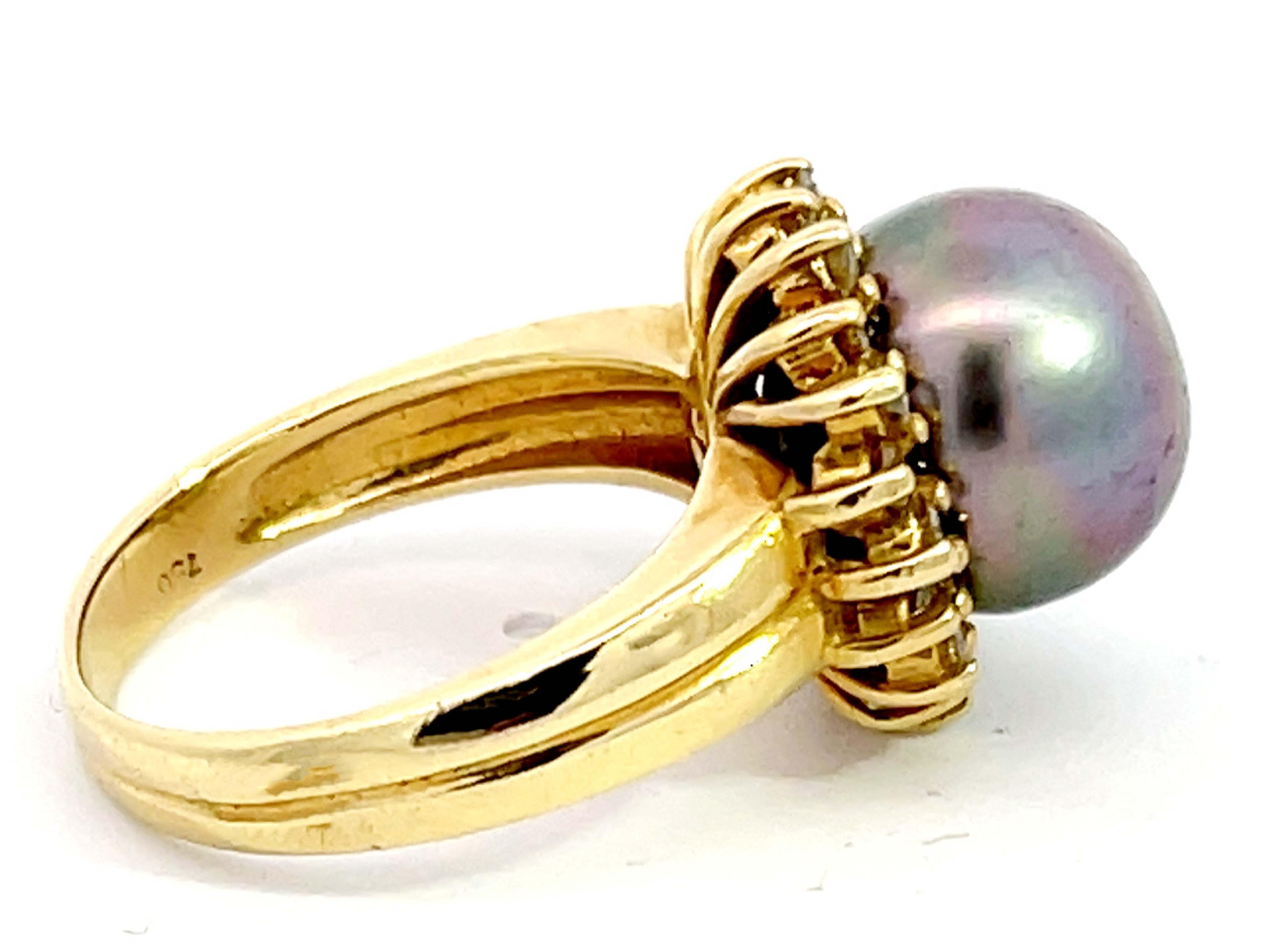 Modern Tahitian Pearl and Diamond Halo Vintage Ring in 18k Yellow Gold For Sale