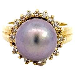 Tahitian Pearl and Diamond Halo Vintage Ring in 18k Yellow Gold