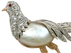 Broche faisan baroque en or jaune:: rubis:: perle et diamant