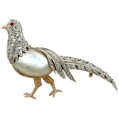 Baroque Pearl and Diamond Ruby and Yellow Gold Pheasant Brooch