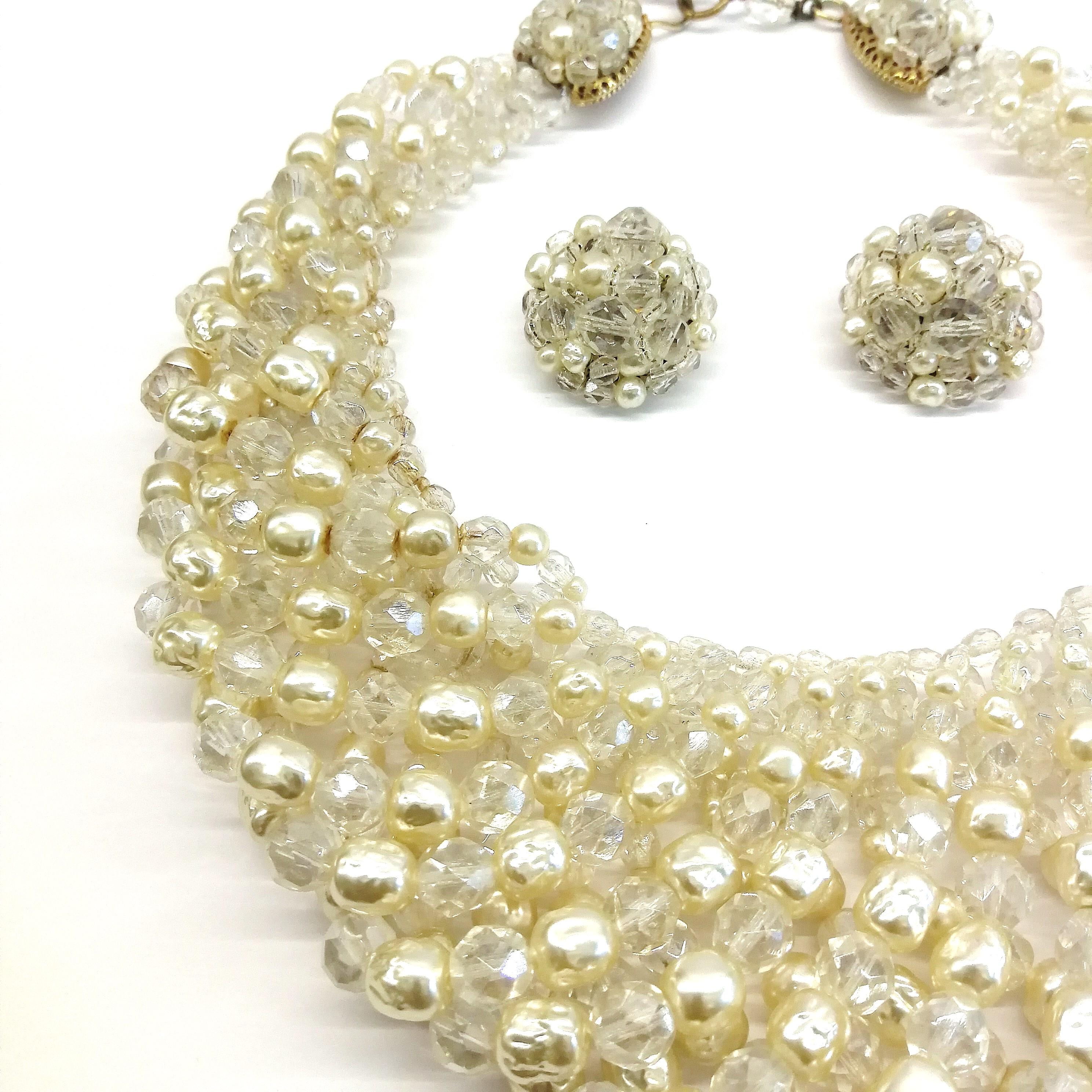 Women's Baroque pearl and half crystal bead necklace and earrings, Coppola e Toppo, 1969