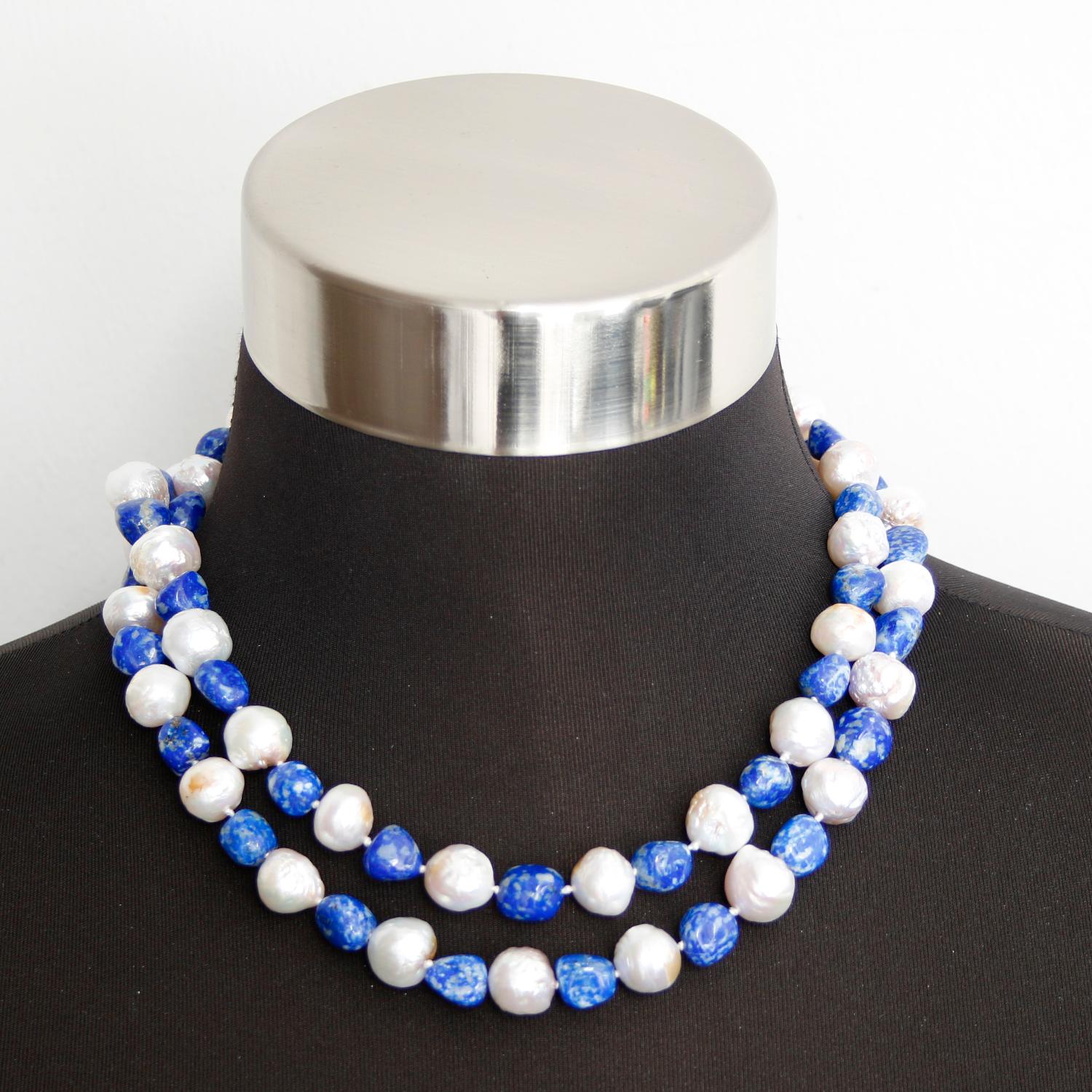 Baroque Pearl and Lapis Lazuli Necklace In Excellent Condition In Dallas, TX