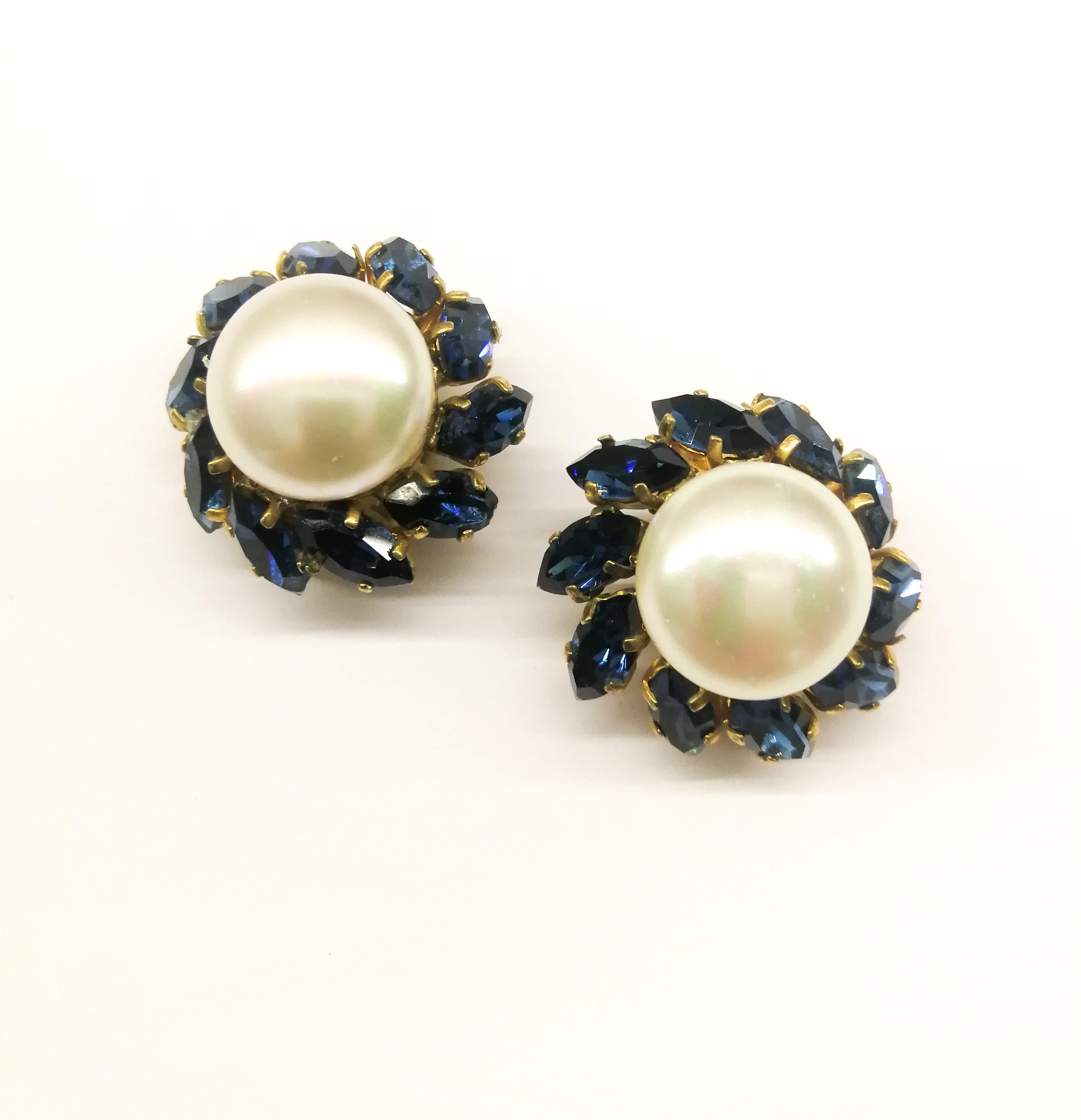 Women's Baroque pearl and rich sapphire paste earrings, Chanel, 1950s/60s, France.