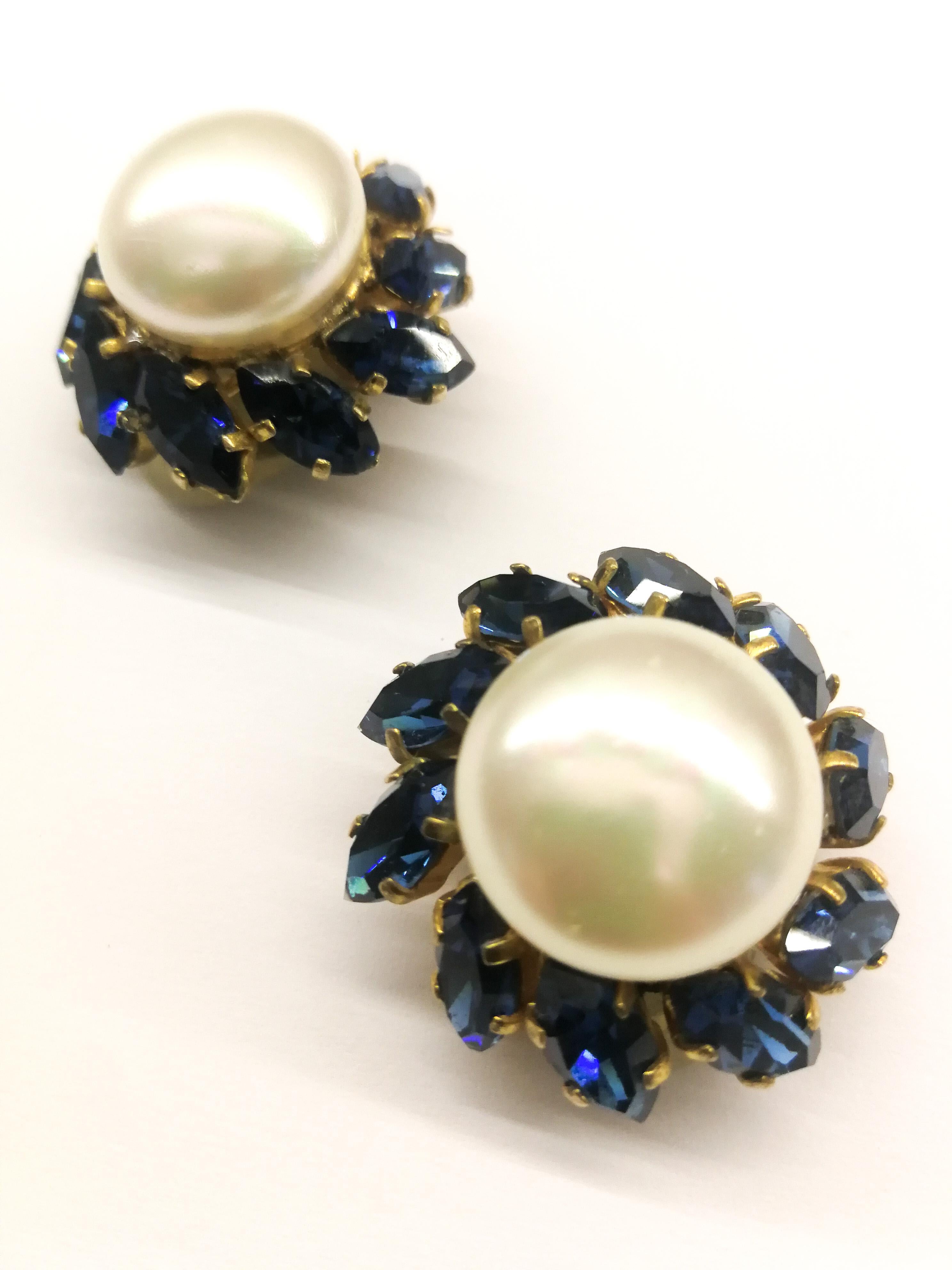 Baroque pearl and rich sapphire paste earrings, Chanel, 1950s/60s, France. 2