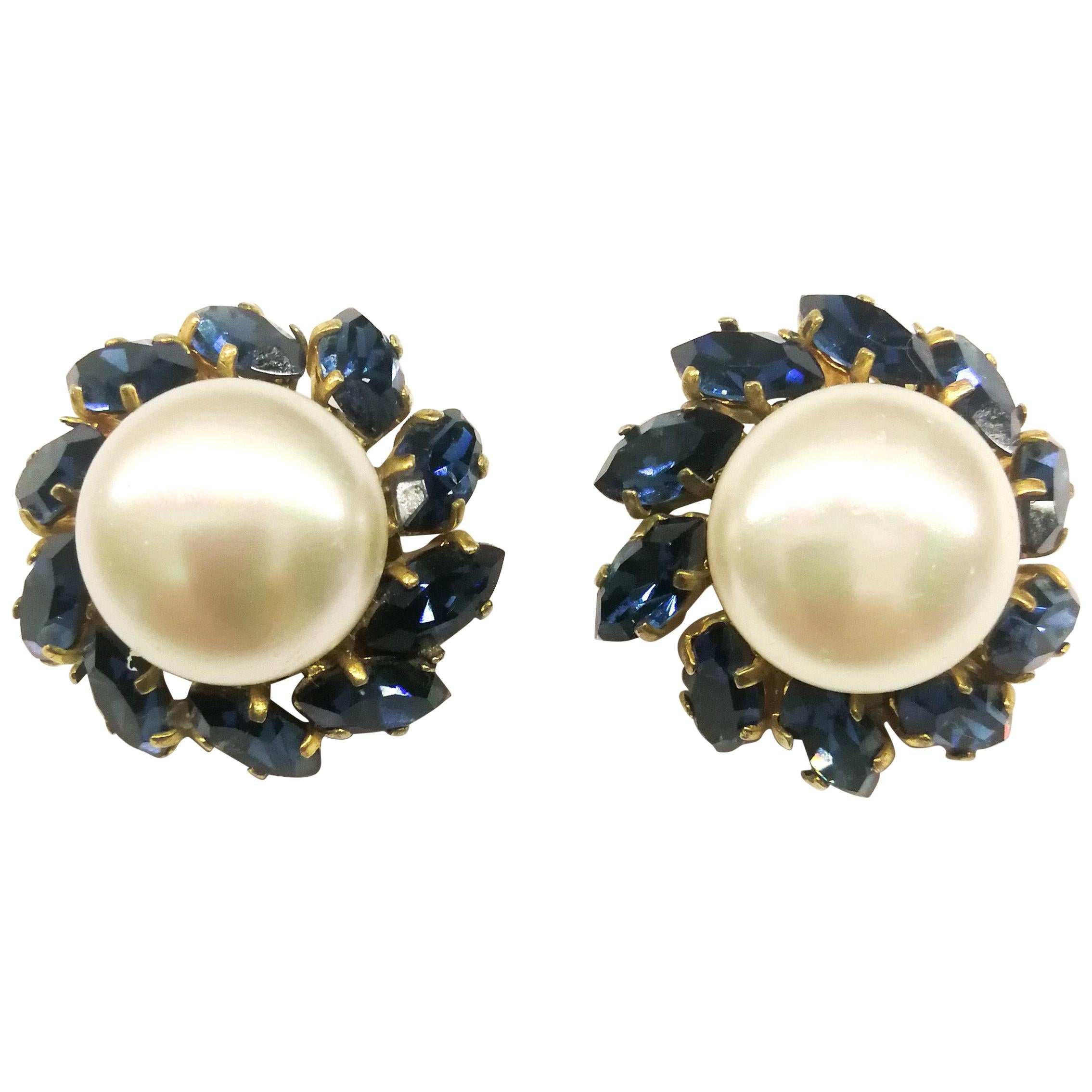 Baroque pearl and rich sapphire paste earrings, Chanel, 1950s/60s, France.