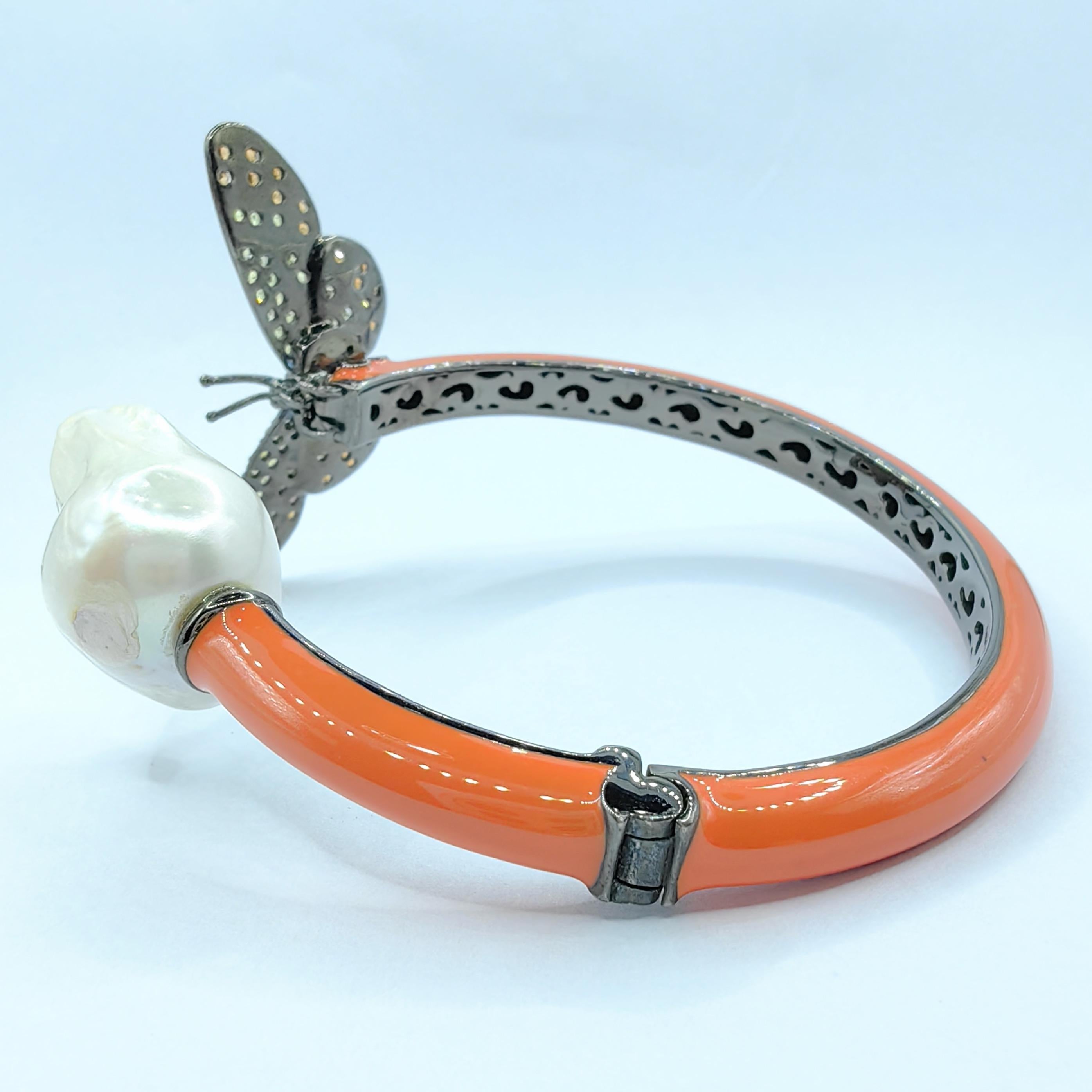 Contemporary Baroque Pearl and Sapphire Butterfly Orange Cuff Bracelet in Sterling Silver