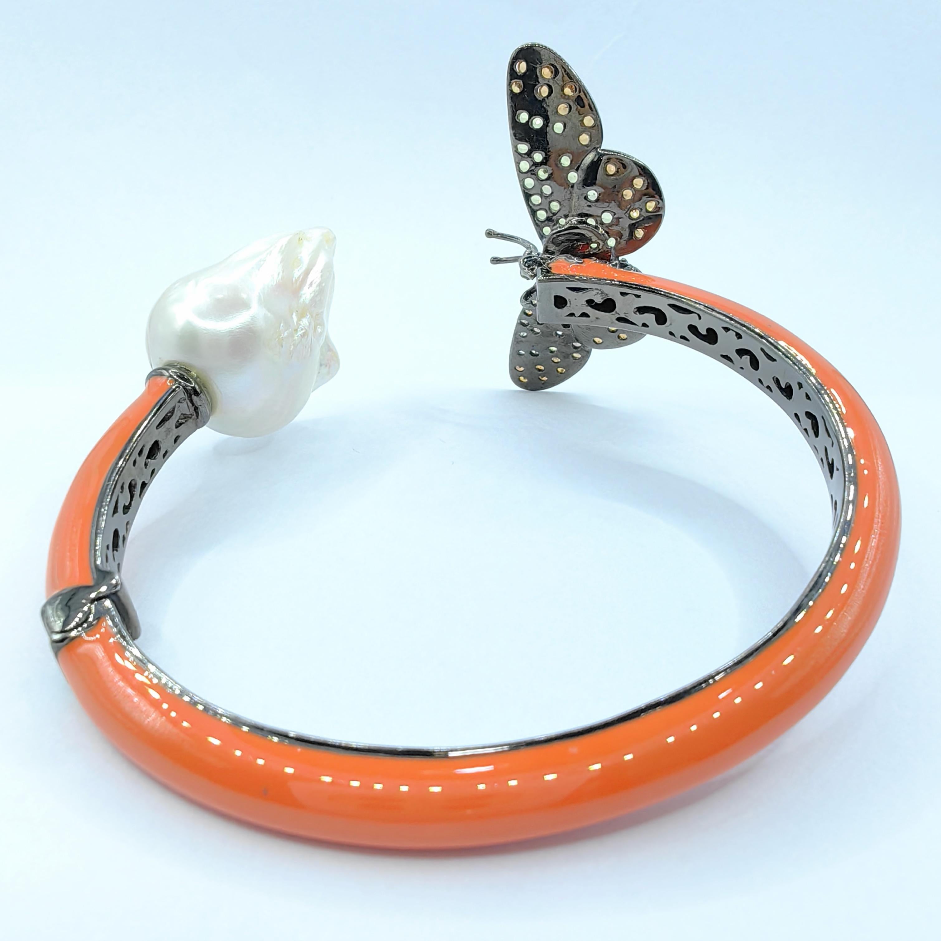 Round Cut Baroque Pearl and Sapphire Butterfly Orange Cuff Bracelet in Sterling Silver