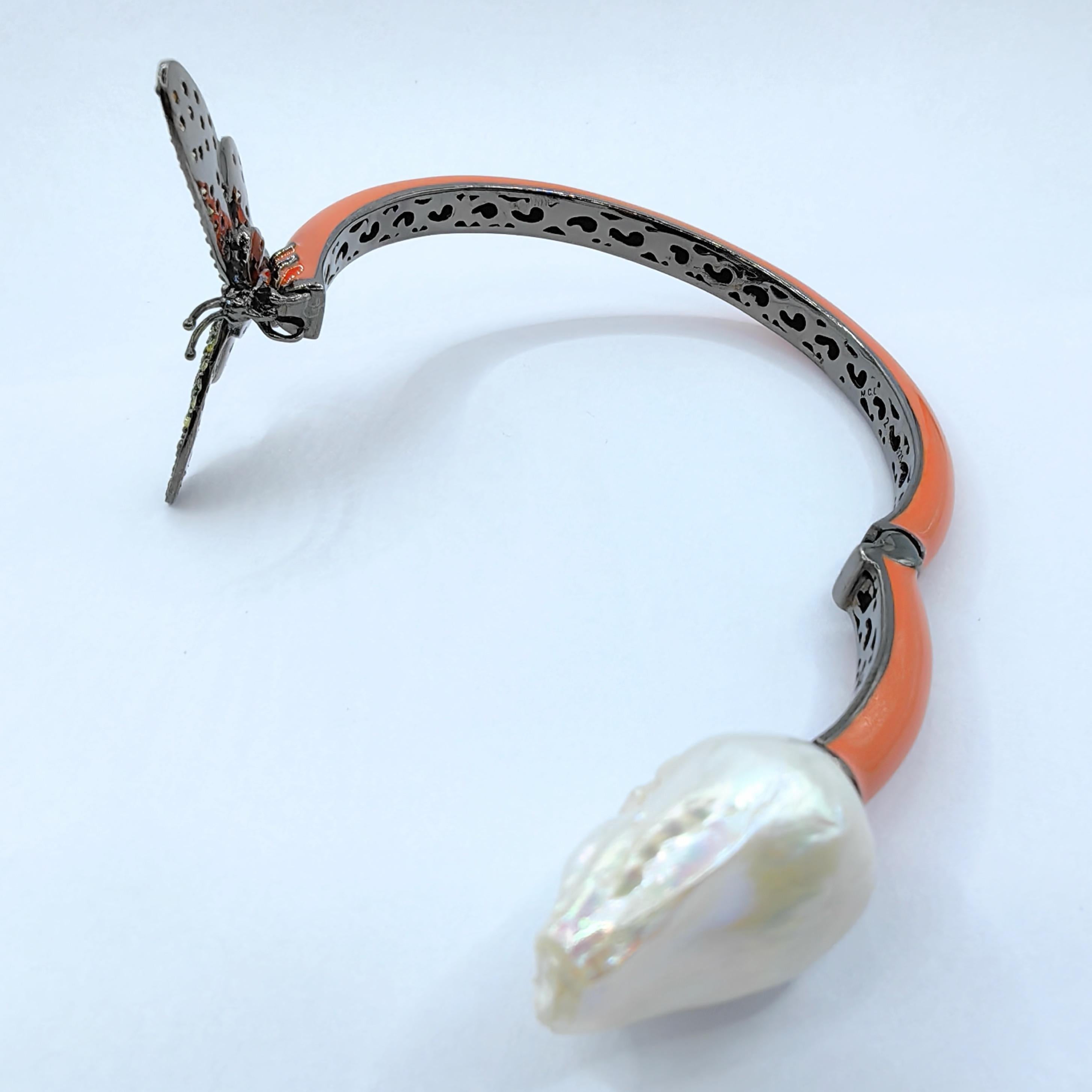 Women's or Men's Baroque Pearl and Sapphire Butterfly Orange Cuff Bracelet in Sterling Silver