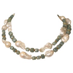 Baroque Pearl, Aquamarine and 22 Karat Gold Long or Double Strand Necklace