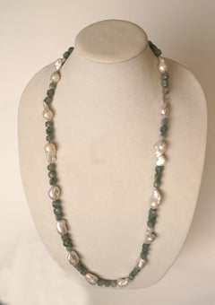 Baroque Pearl, Aquamarine and 22 Karat Gold Long or Double Strand Necklace