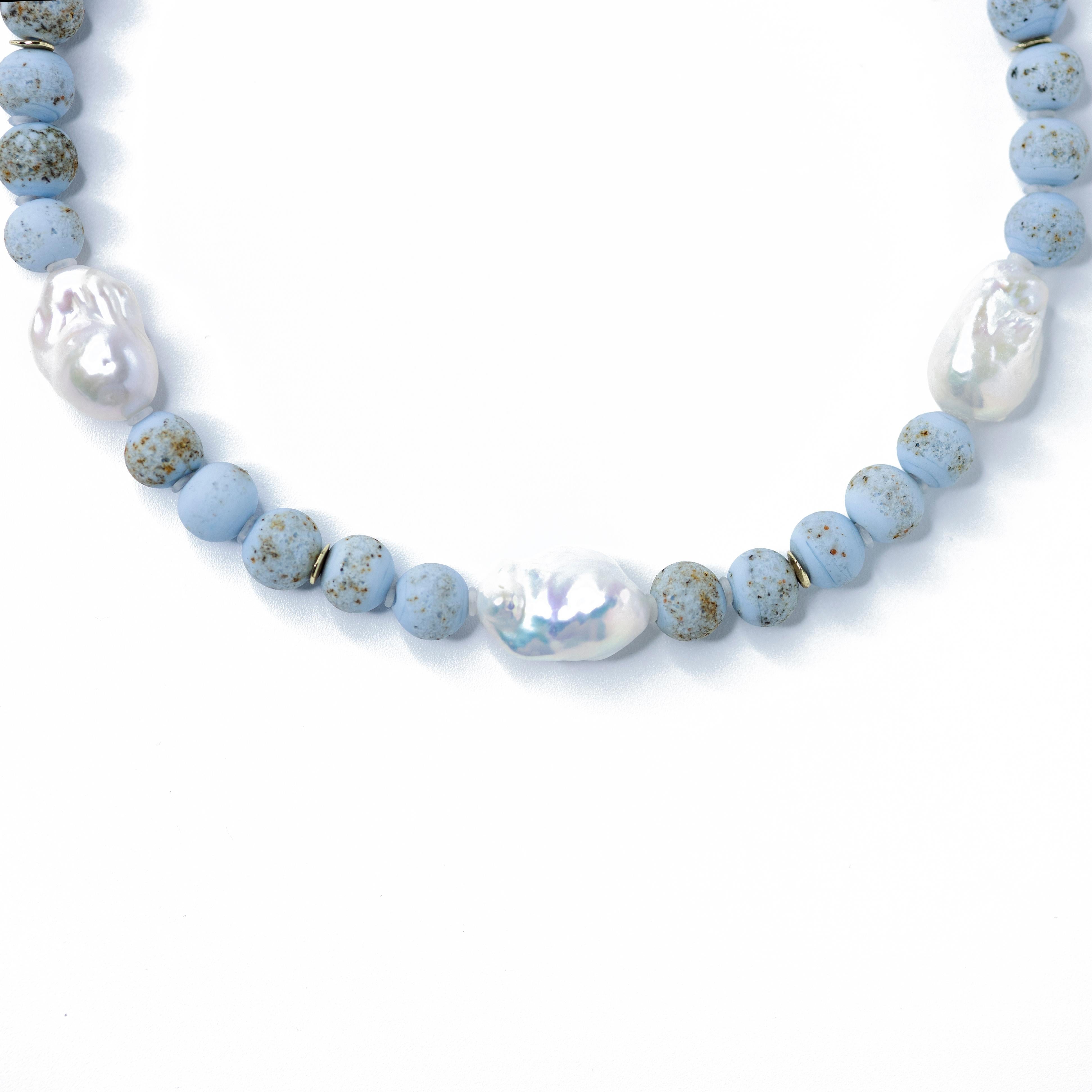 Artisan Baroque Pearl & Blue Ceramic Bead Necklace - by Bombyx House For Sale