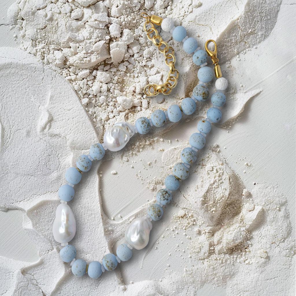 Baroque Pearl & Blue Ceramic Bead Necklace - by Bombyx House For Sale 2