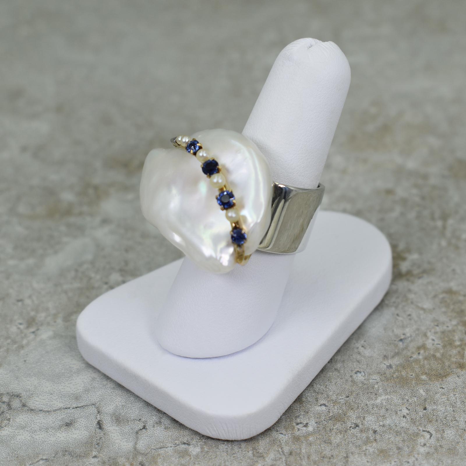 Baroque Pearl, Blue Sapphire & 14k Gold Pendant Necklace and Cocktail Ring Set For Sale 1