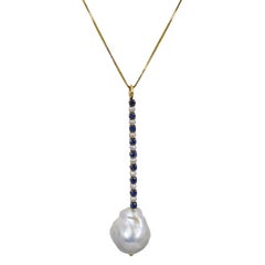Baroque Pearl, Blue Sapphire & 14k Gold Pendant Necklace and Cocktail Ring Set