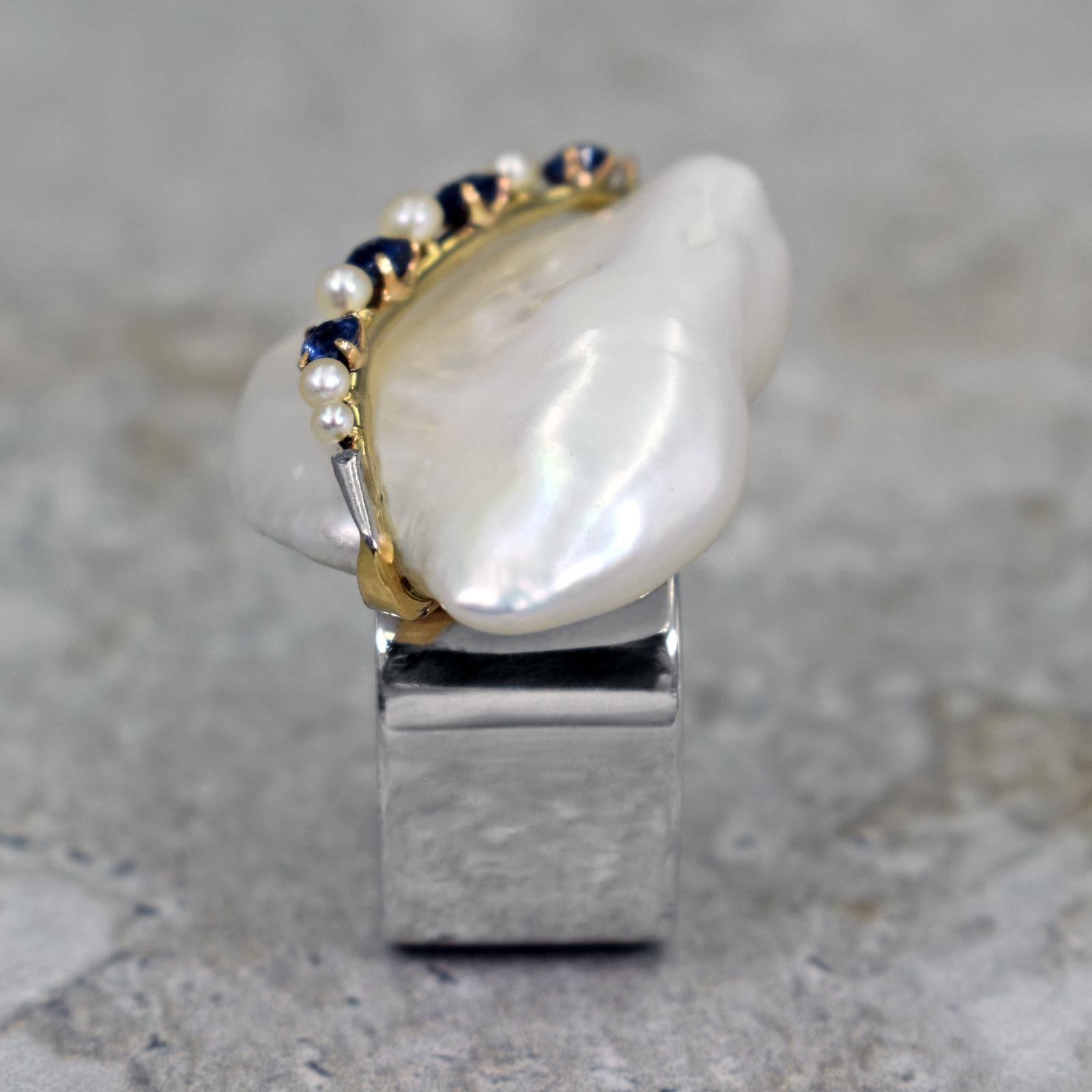 Contemporary Baroque Pearl, Blue Sapphire & 14k Gold Pendant Necklace and Cocktail Ring Set For Sale