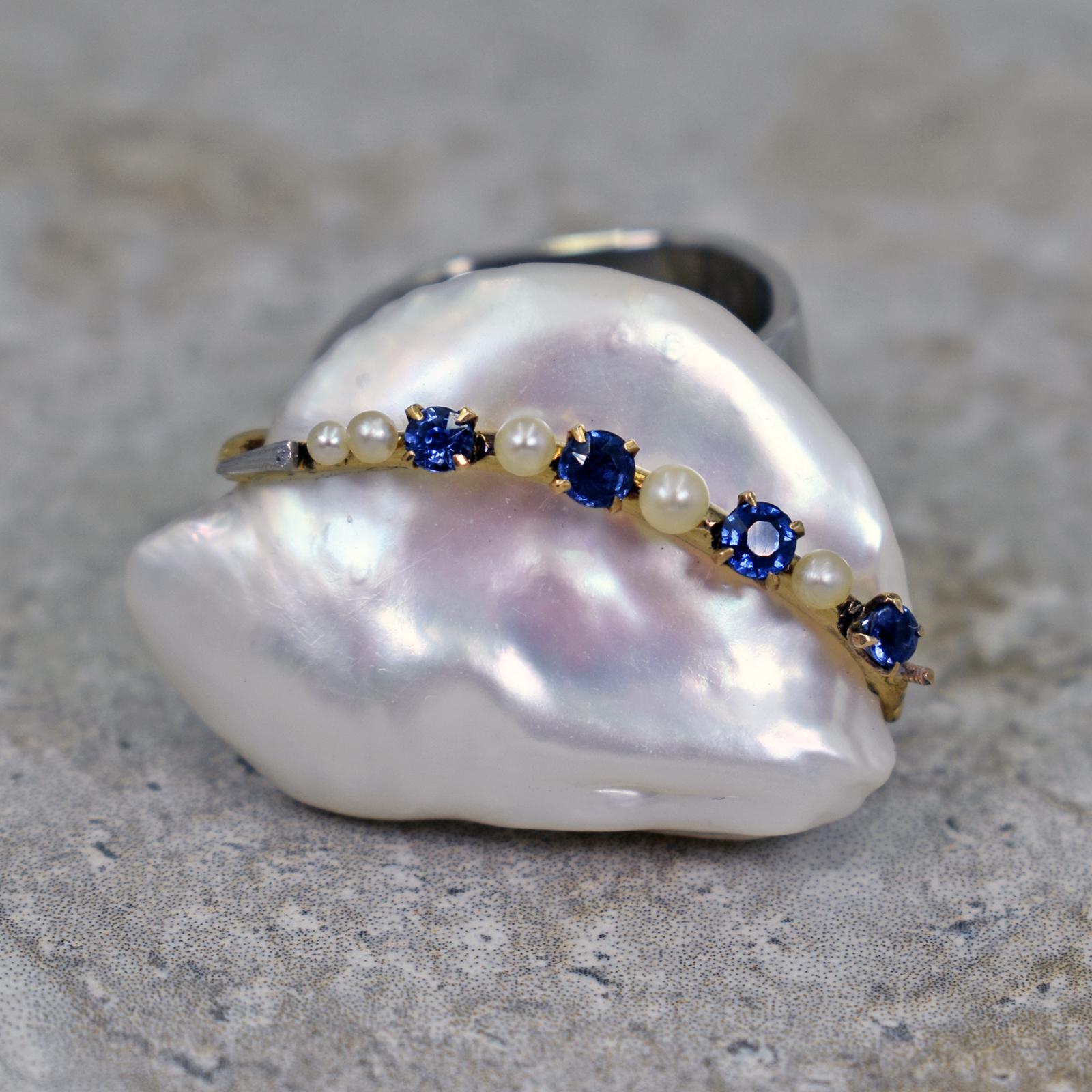 Baroque Pearl, Blue Sapphire & 14k Gold Pendant Necklace and Cocktail Ring Set In New Condition For Sale In Naples, FL