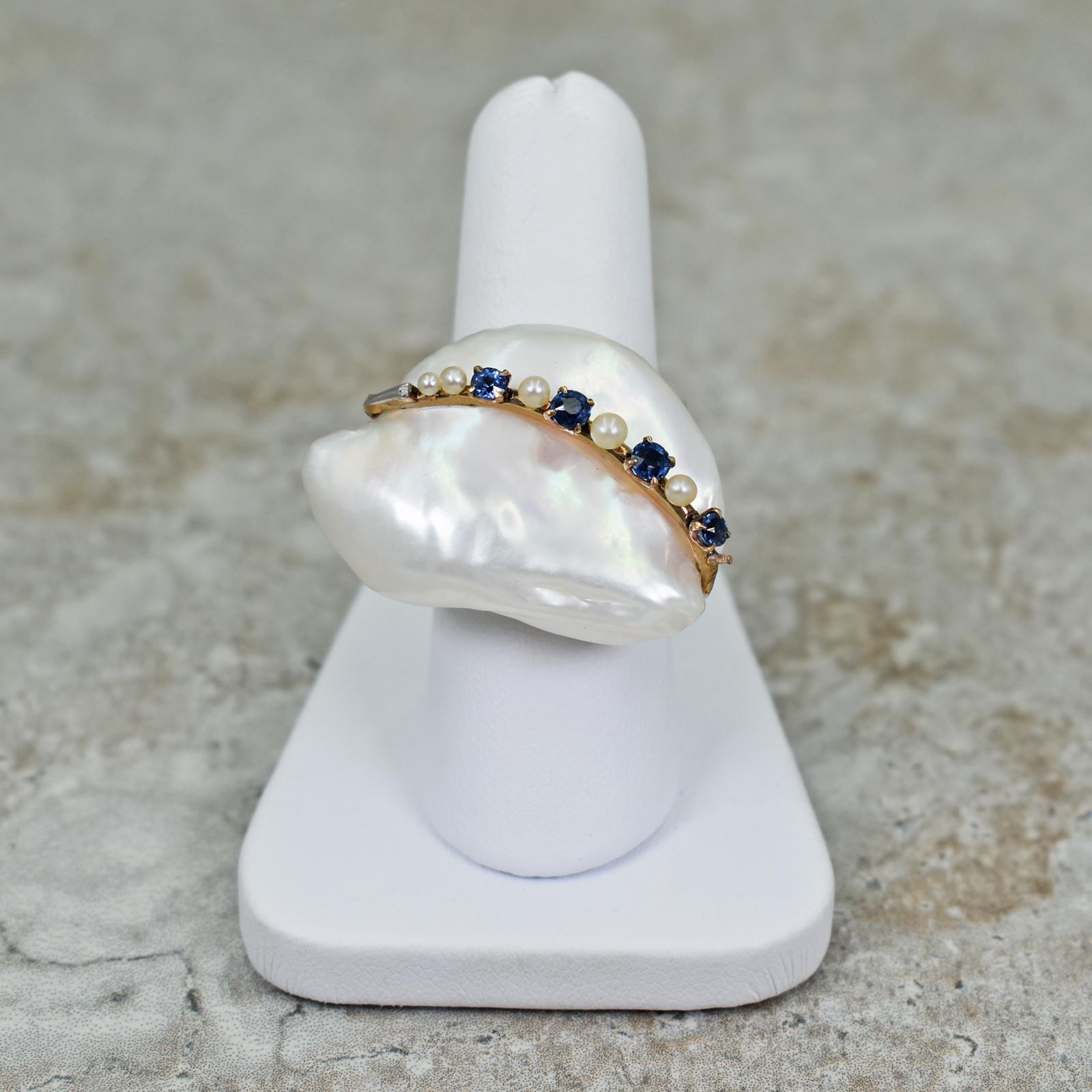 Women's Baroque Pearl, Blue Sapphire & 14k Gold Pendant Necklace and Cocktail Ring Set For Sale
