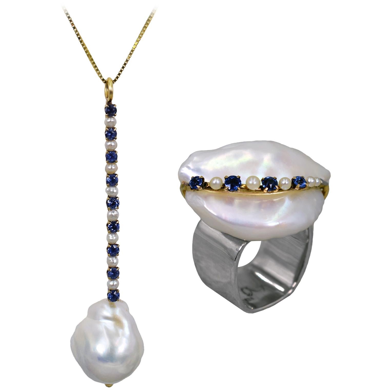 Baroque Pearl, Blue Sapphire & 14k Gold Pendant Necklace and Cocktail Ring Set For Sale