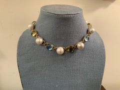 Baroque Pearl, Blue Topaz and Lemon Citrine Necklace