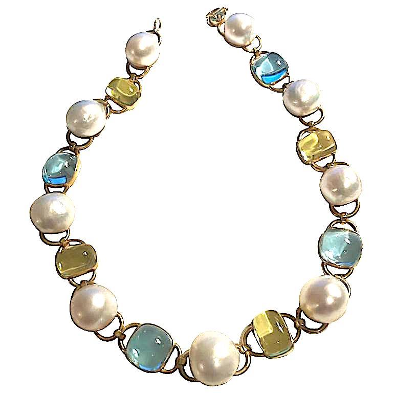 Baroque Pearl, Blue Topaz and Lemon Citrine Necklace For Sale