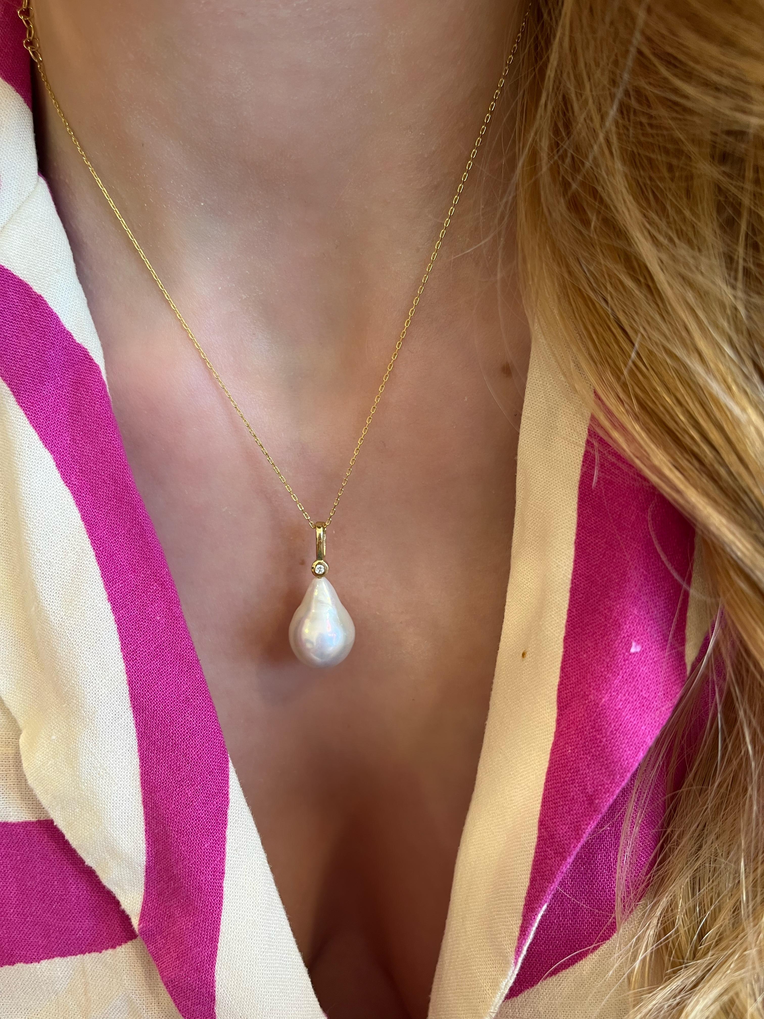 Contemporary Baroque Pearl Charm Necklace with diamond, 18K Gold For Sale